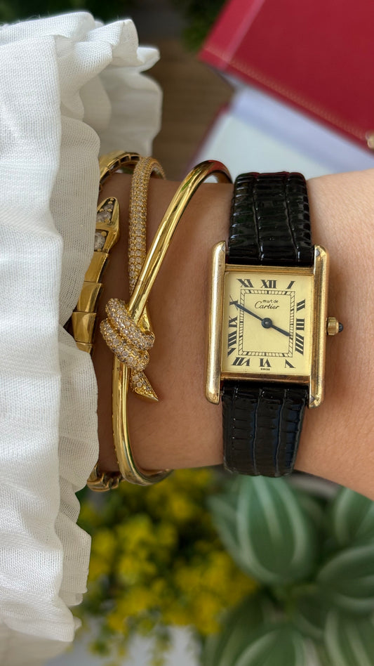 Extremely Rare Vintage 1990s Cartier Must De Tank Vermeil in Black Leather Gold Tone Lemon Cream Dial