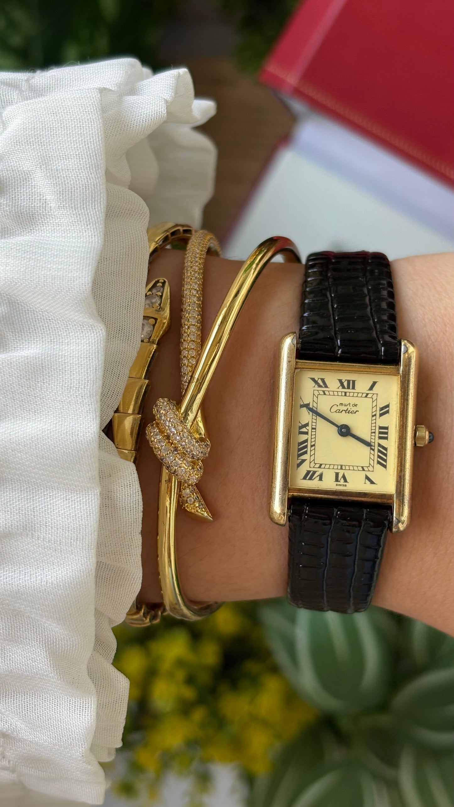 Extremely Rare Vintage 1990s Cartier Must De Tank Vermeil in Black Leather Gold Tone Lemon Cream Dial