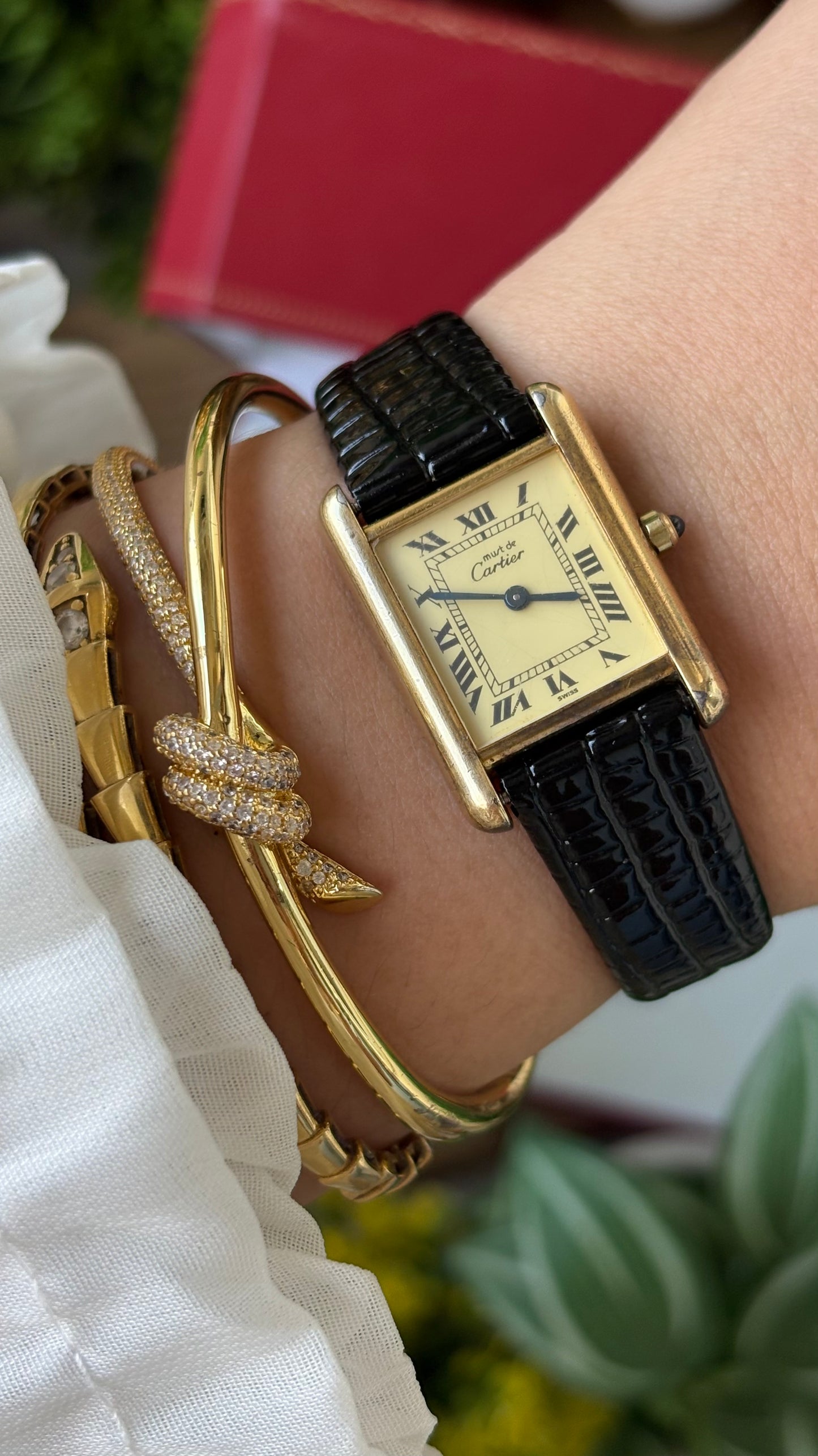 Extremely Rare Vintage 1990s Cartier Must De Tank Vermeil in Black Leather Gold Tone Lemon Cream Dial