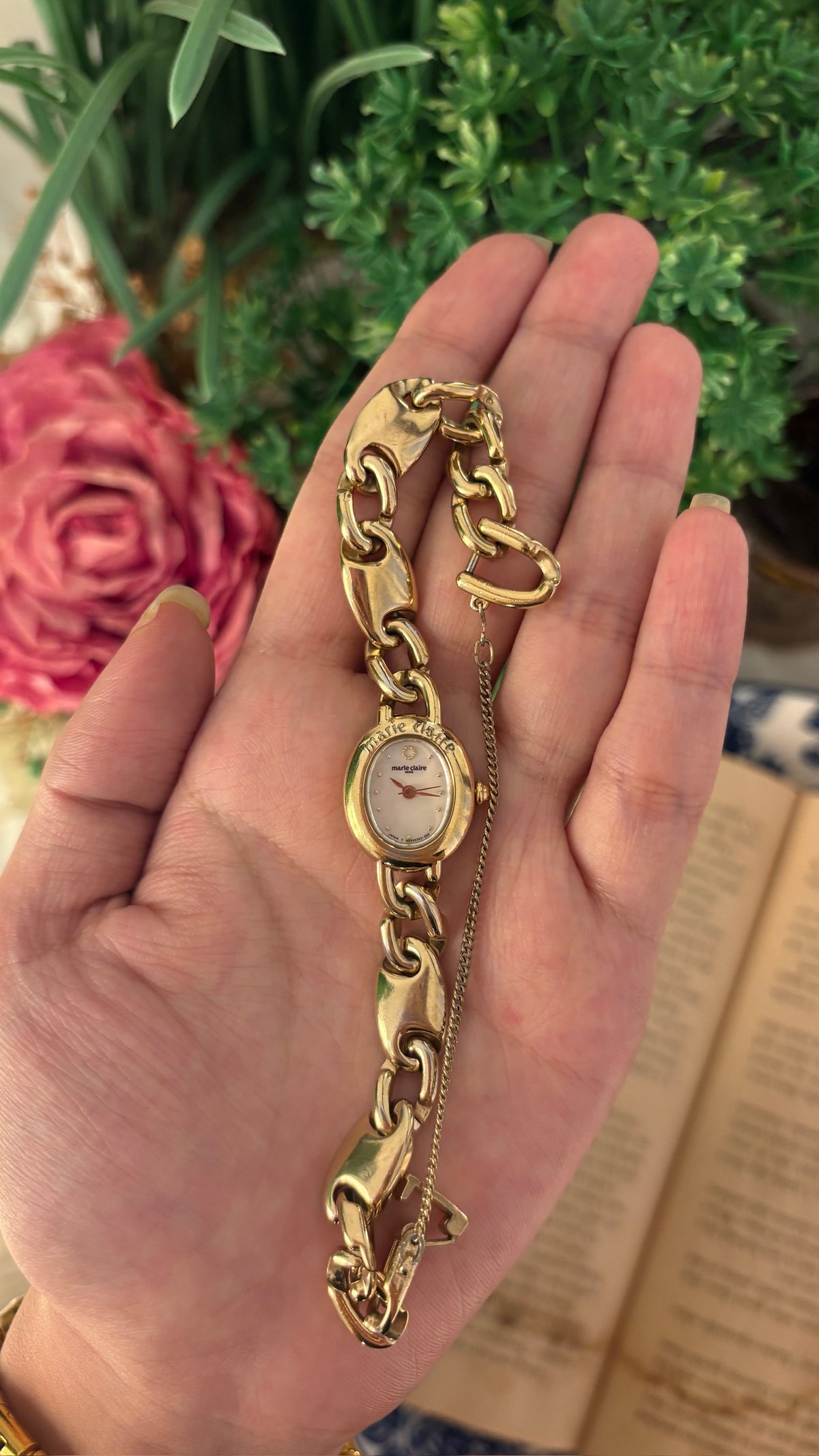 Rare Dainty Vintage Marie Claire Chain Bracelet Watch in Gold Tone Quartz