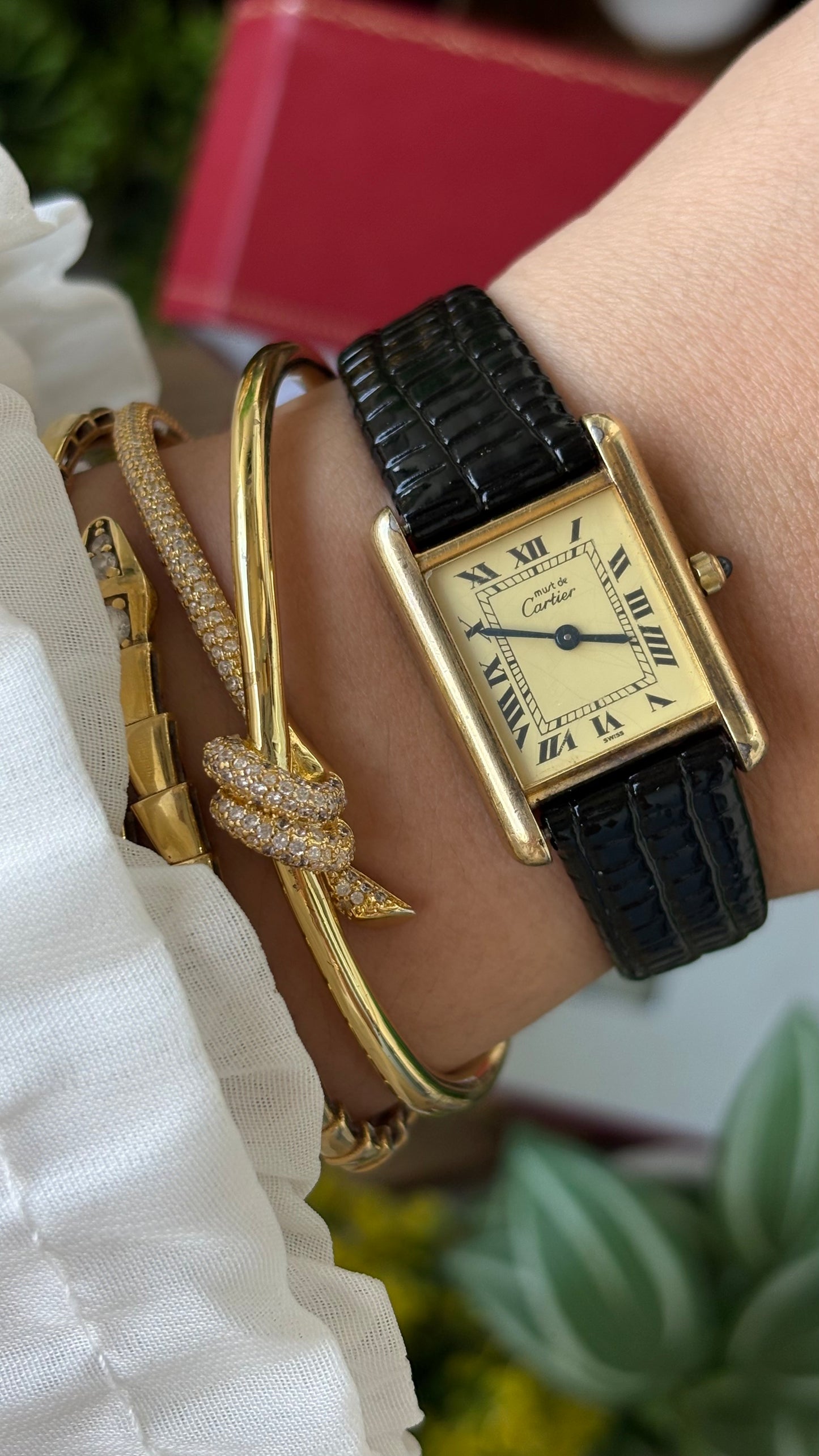 Extremely Rare Vintage 1990s Cartier Must De Tank Vermeil in Black Leather Gold Tone Lemon Cream Dial