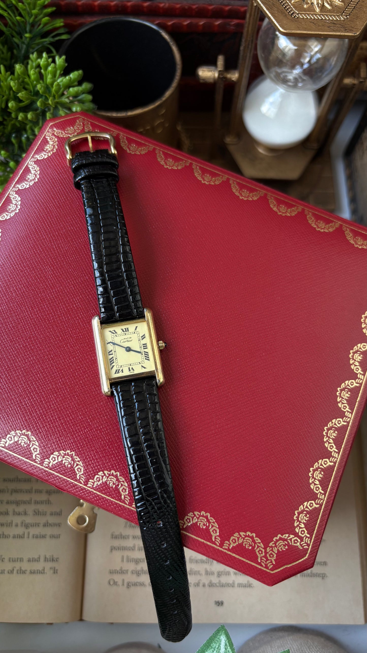 Extremely Rare Vintage 1990s Cartier Must De Tank Vermeil in Black Leather Gold Tone Lemon Cream Dial
