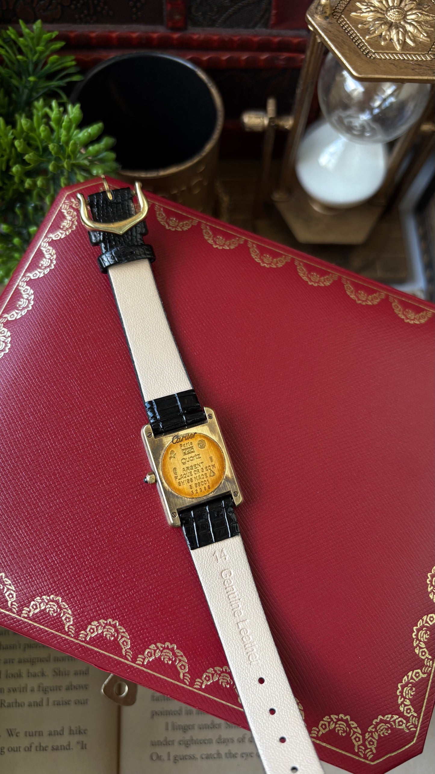 Extremely Rare Vintage 1990s Cartier Must De Tank Vermeil in Black Leather Gold Tone Lemon Cream Dial