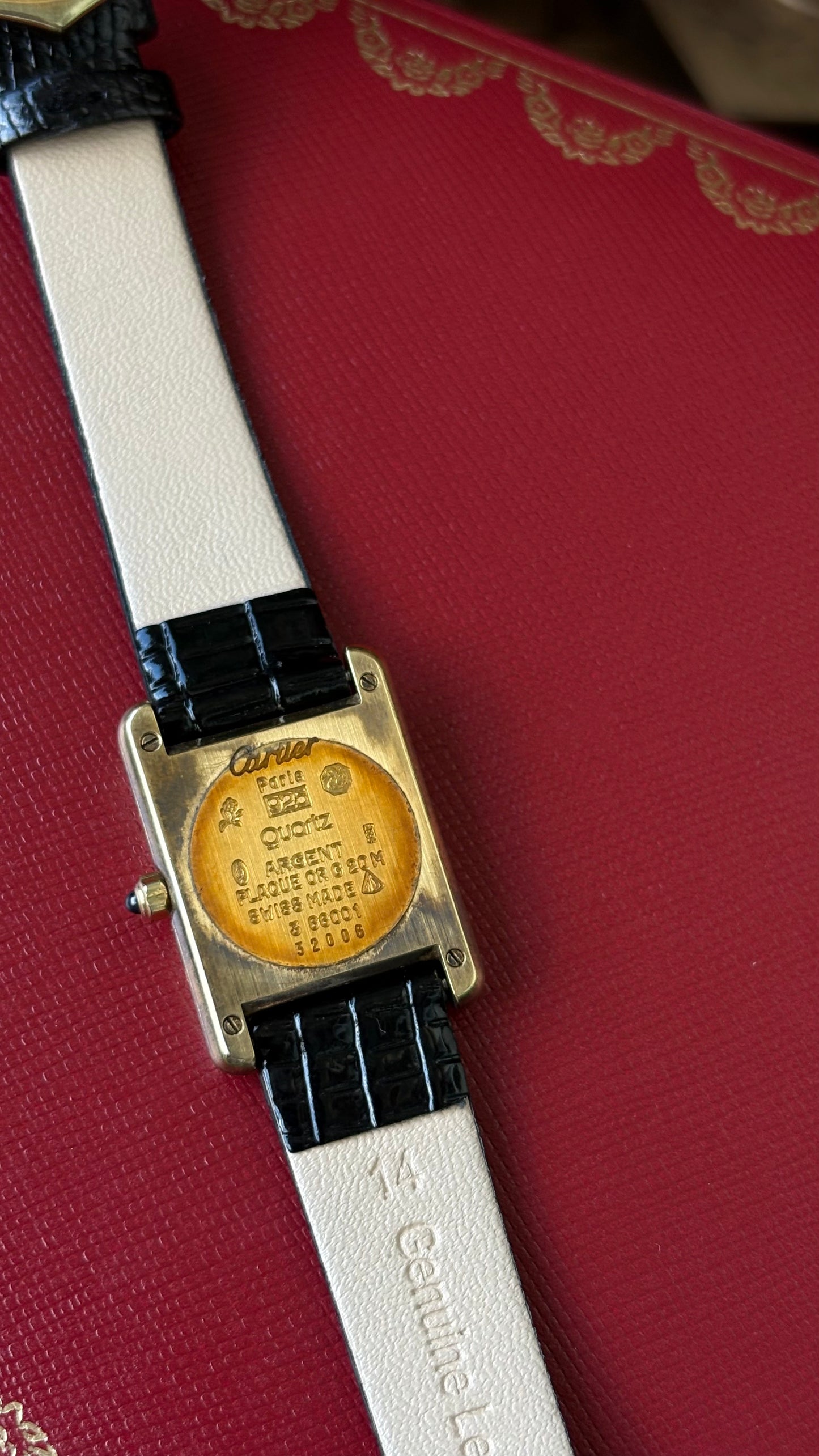 Extremely Rare Vintage 1990s Cartier Must De Tank Vermeil in Black Leather Gold Tone Lemon Cream Dial