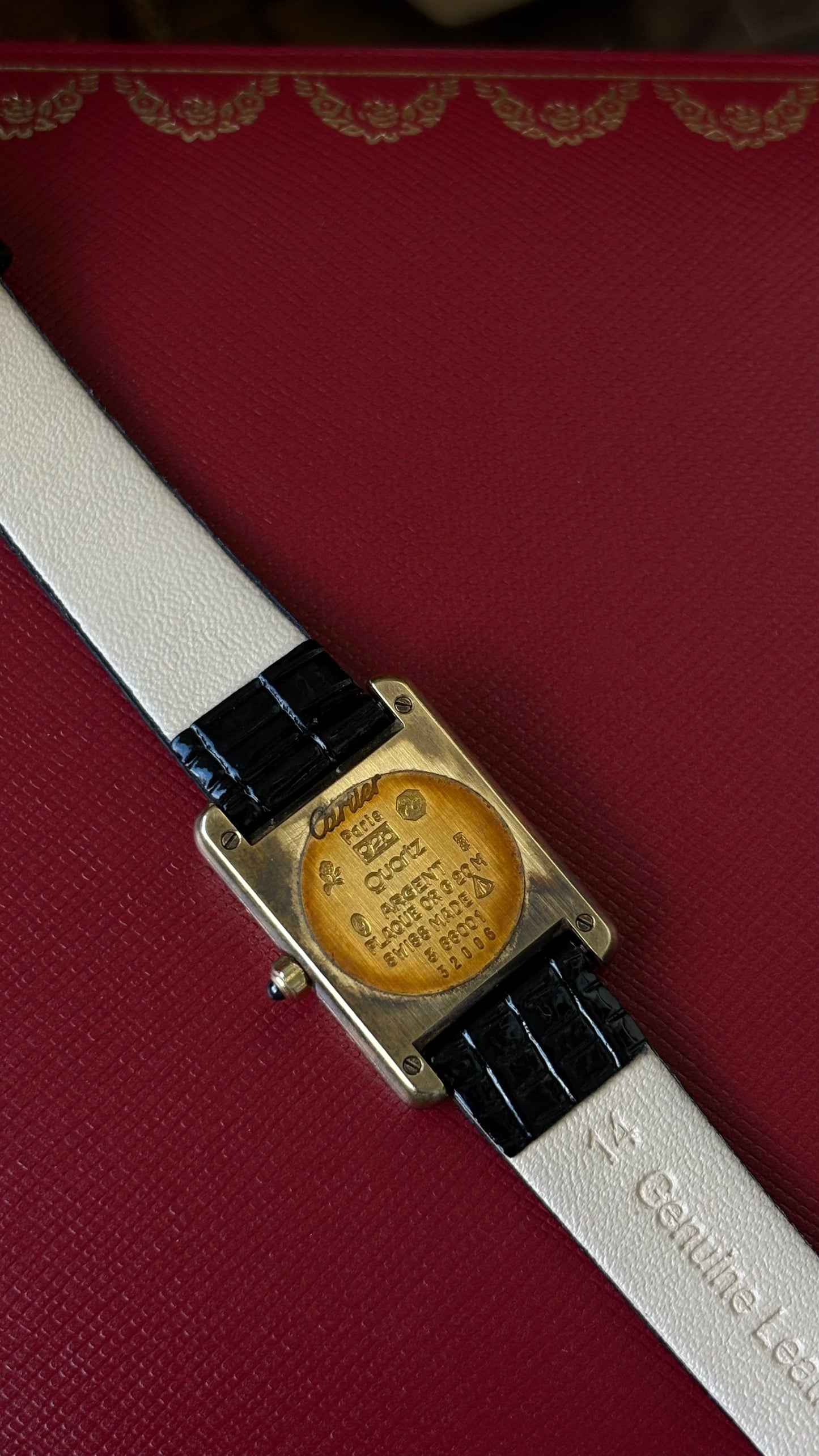 Extremely Rare Vintage 1990s Cartier Must De Tank Vermeil in Black Leather Gold Tone Lemon Cream Dial