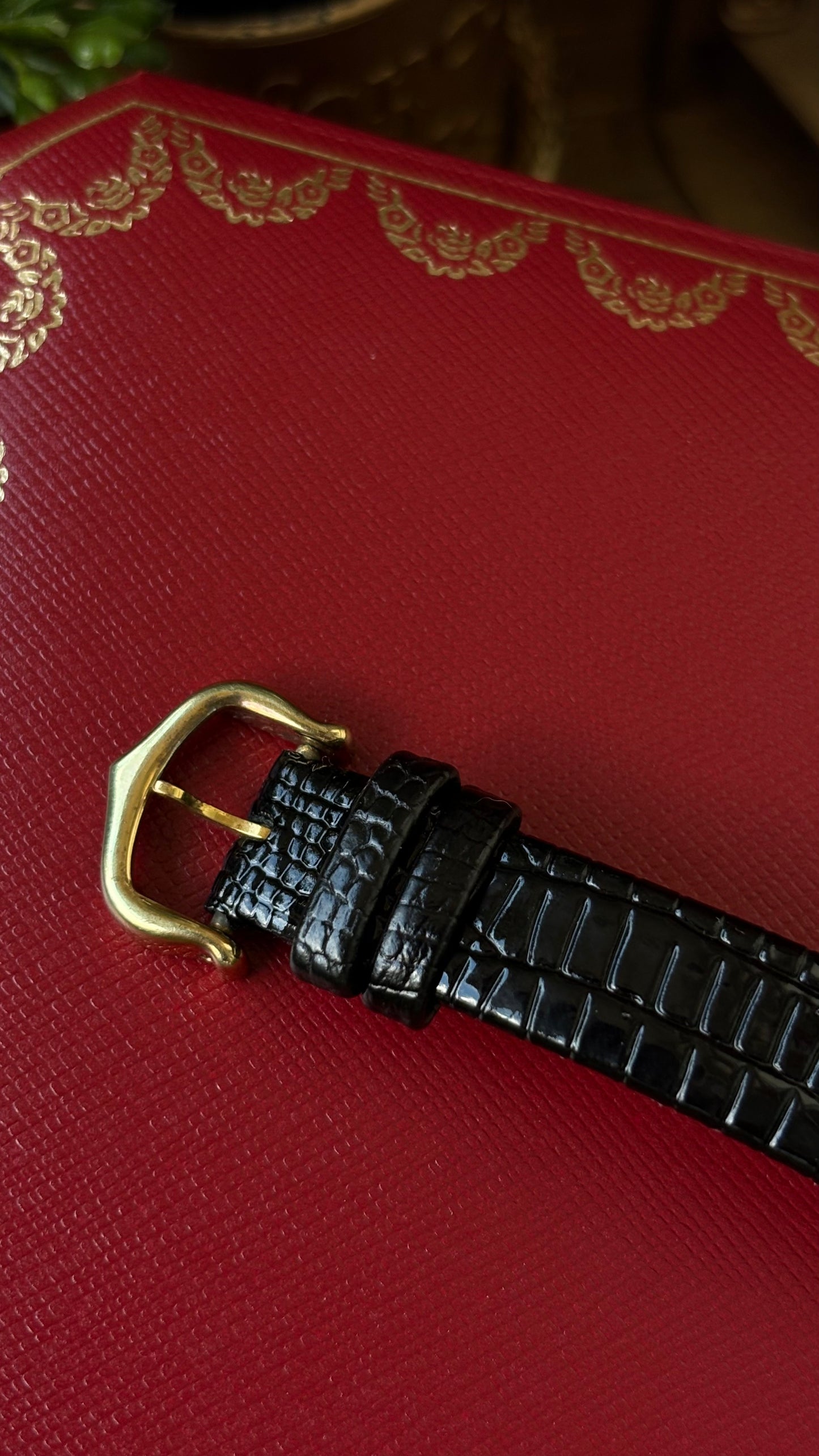 Extremely Rare Vintage 1990s Cartier Must De Tank Vermeil in Black Leather Gold Tone Lemon Cream Dial