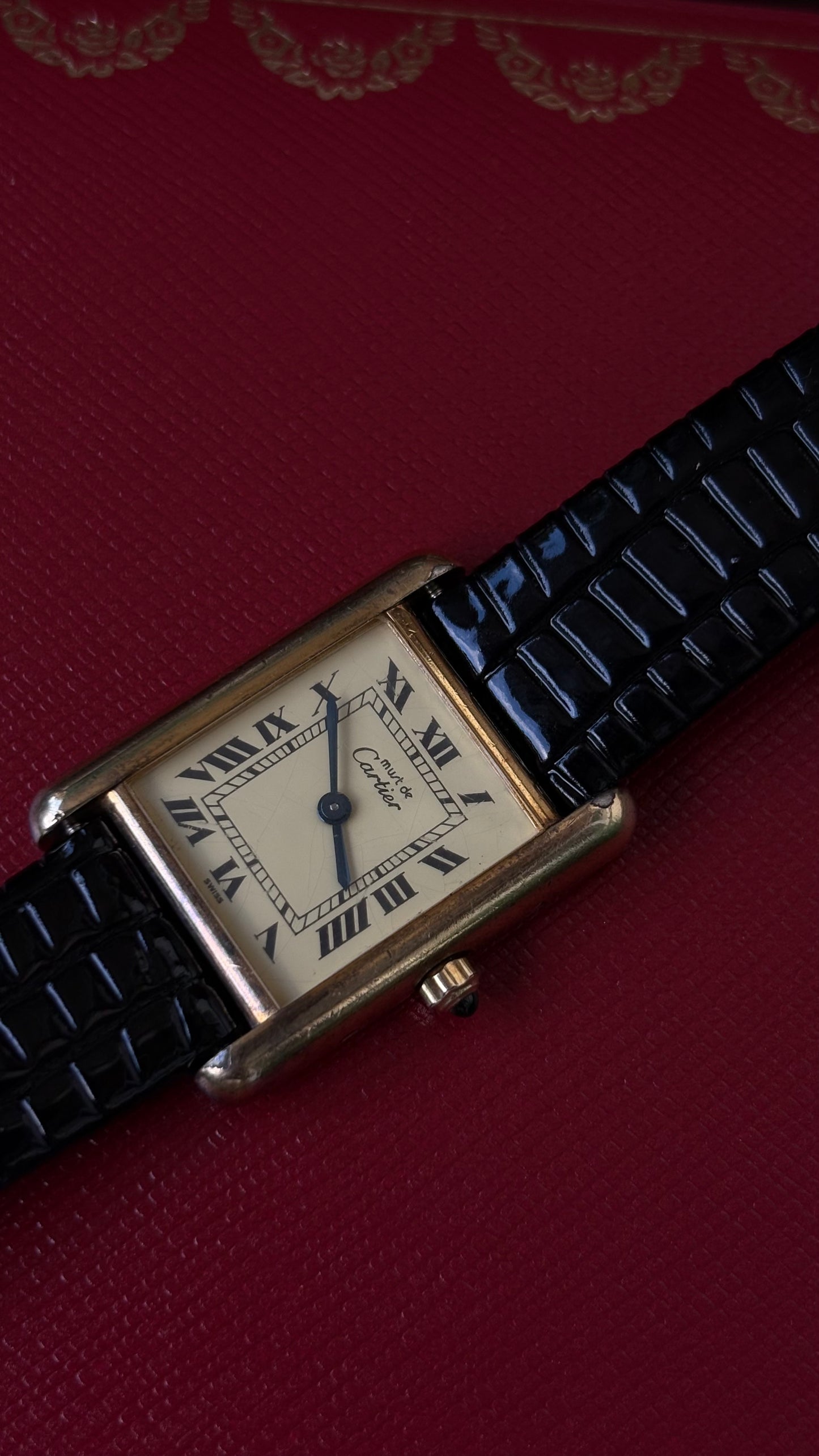 Extremely Rare Vintage 1990s Cartier Must De Tank Vermeil in Black Leather Gold Tone Lemon Cream Dial