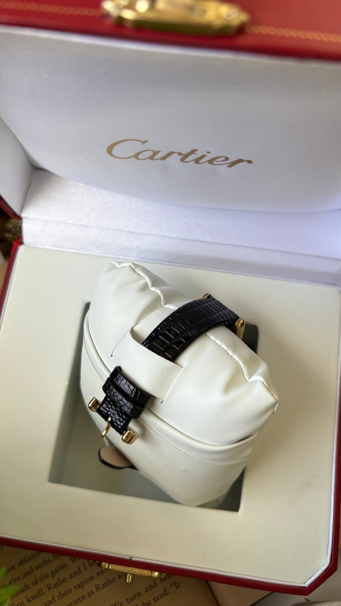 Extremely Rare Vintage 1990s Cartier Must De Tank Vermeil in Black Leather Gold Tone Lemon Cream Dial