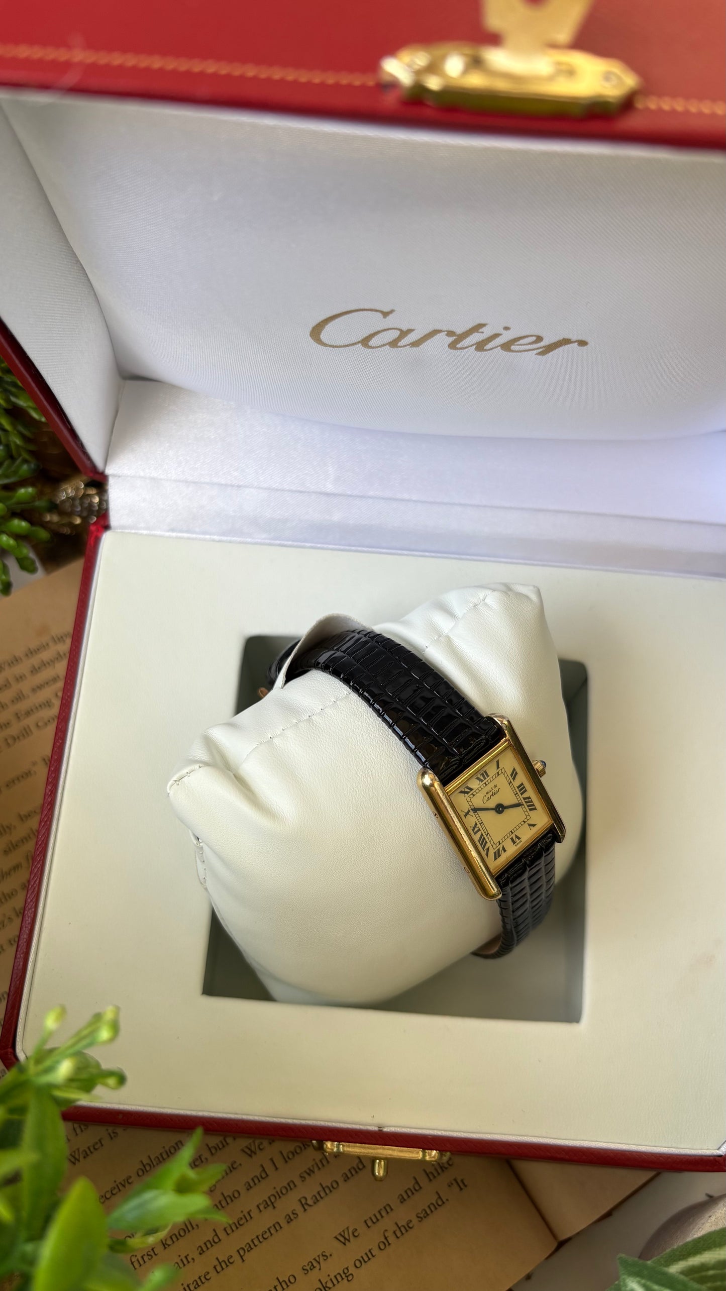 Extremely Rare Vintage 1990s Cartier Must De Tank Vermeil in Black Leather Gold Tone Lemon Cream Dial