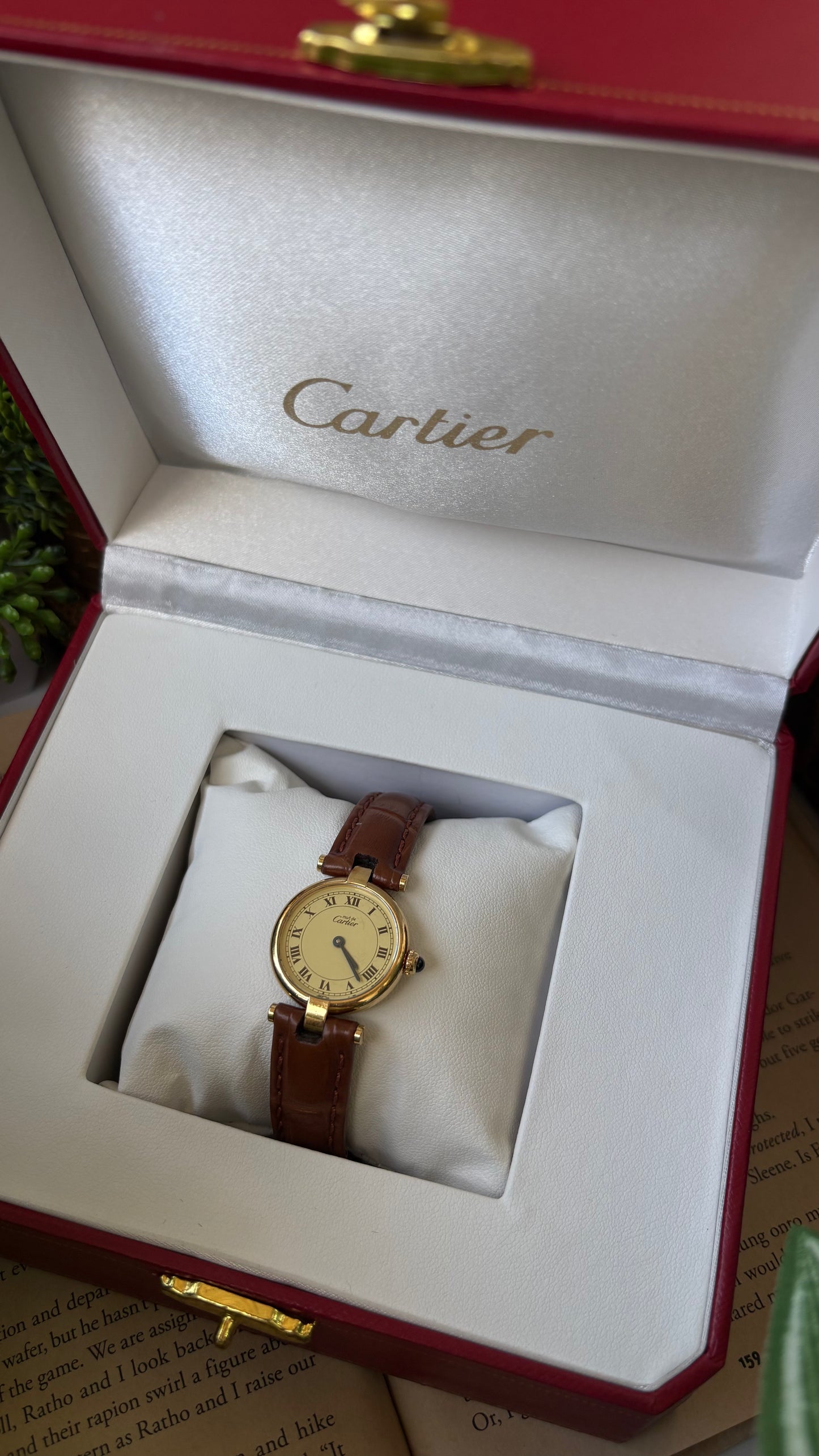 Extremely Rare 1980s Vintage Cartier Must de Vendôme Vermeil in Brown Leather Gold Tone