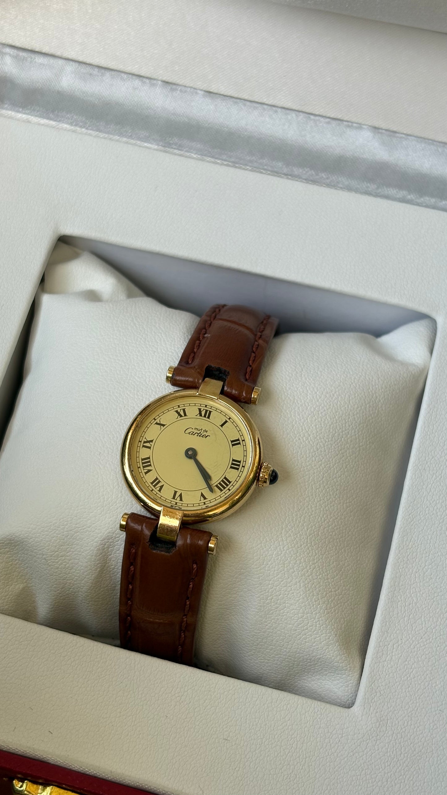 Extremely Rare 1980s Vintage Cartier Must de Vendôme Vermeil in Brown Leather Gold Tone
