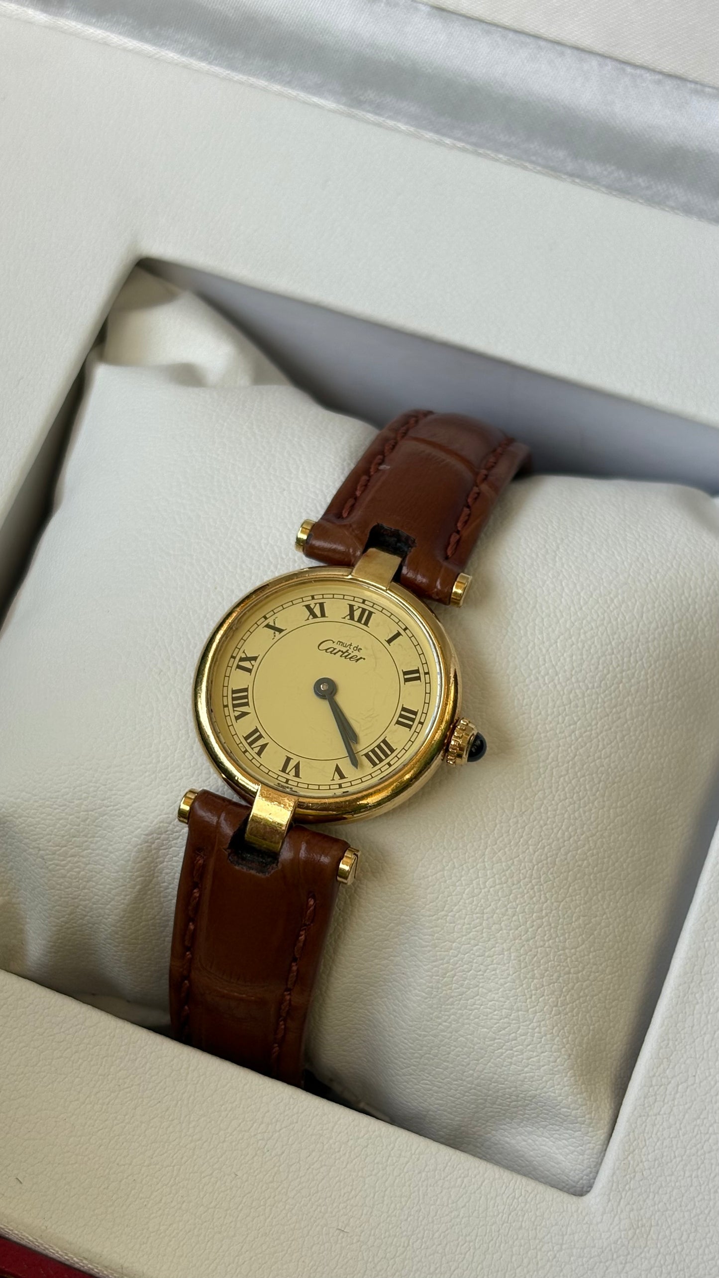 Extremely Rare 1980s Vintage Cartier Must de Vendôme Vermeil in Brown Leather Gold Tone