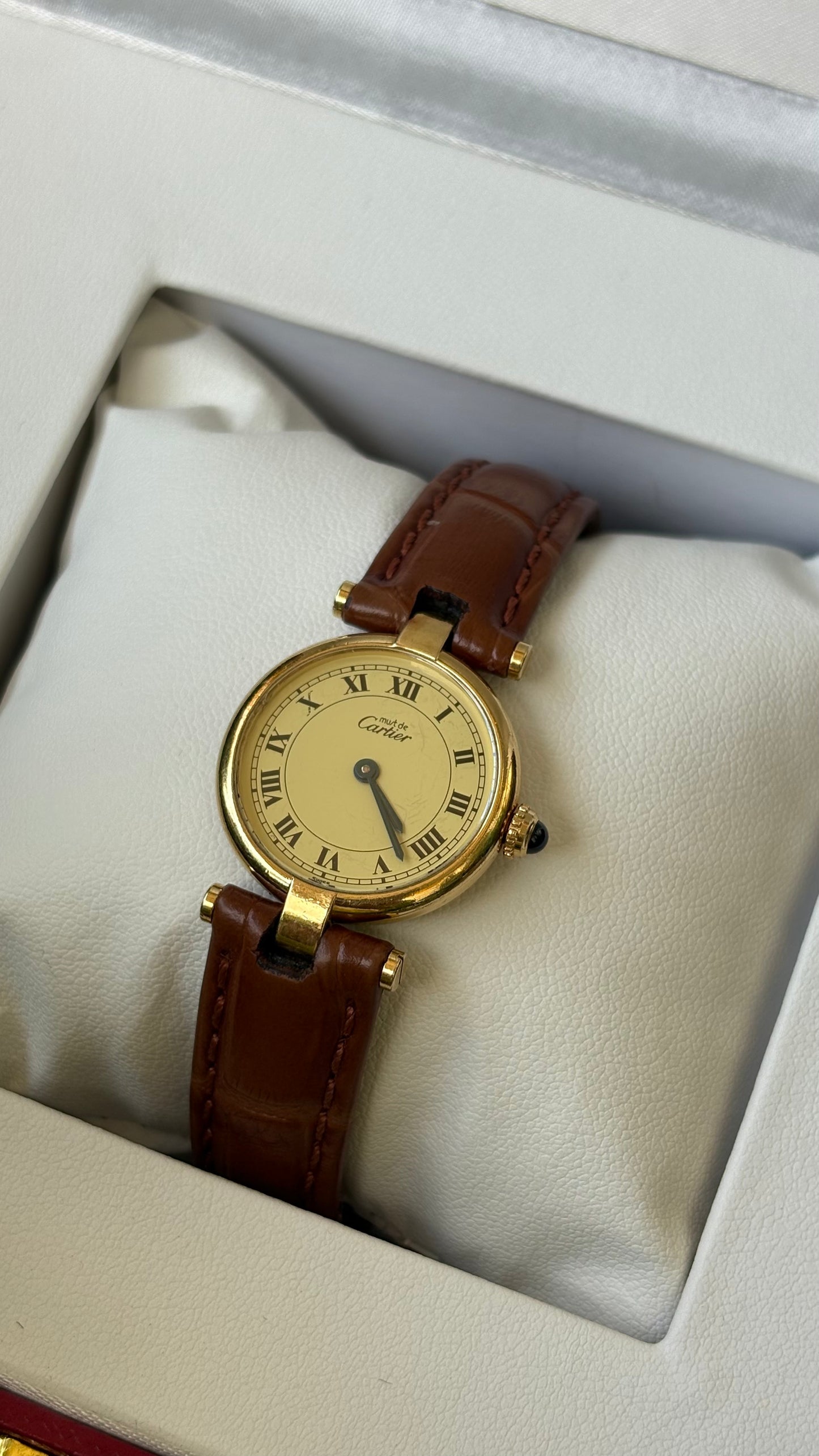 Extremely Rare 1980s Vintage Cartier Must de Vendôme Vermeil in Brown Leather Gold Tone