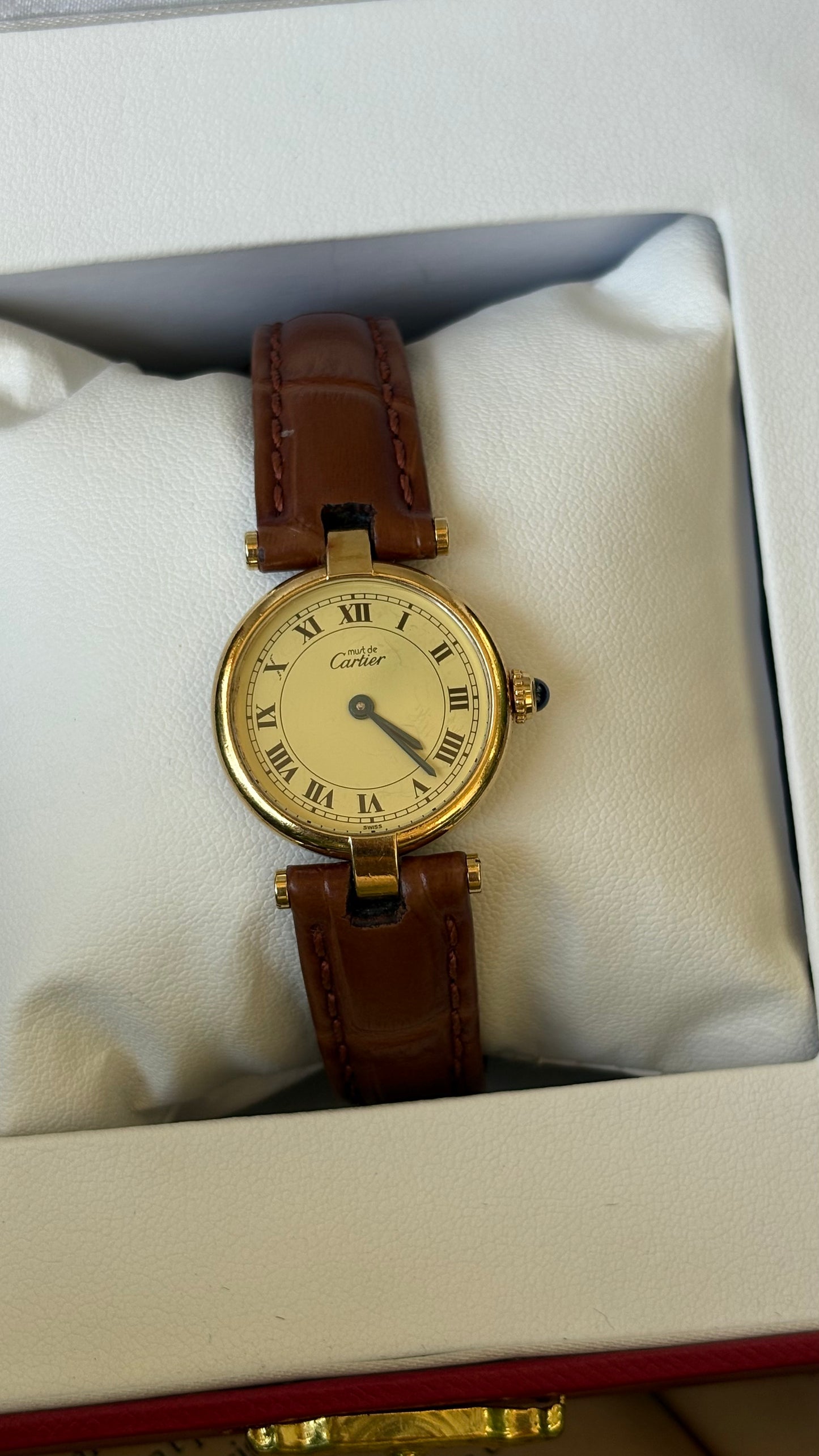Extremely Rare 1980s Vintage Cartier Must de Vendôme Vermeil in Brown Leather Gold Tone