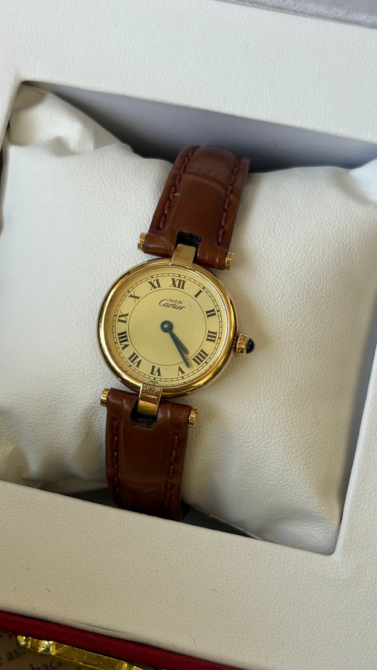 Extremely Rare 1980s Vintage Cartier Must de Vendôme Vermeil in Brown Leather Gold Tone