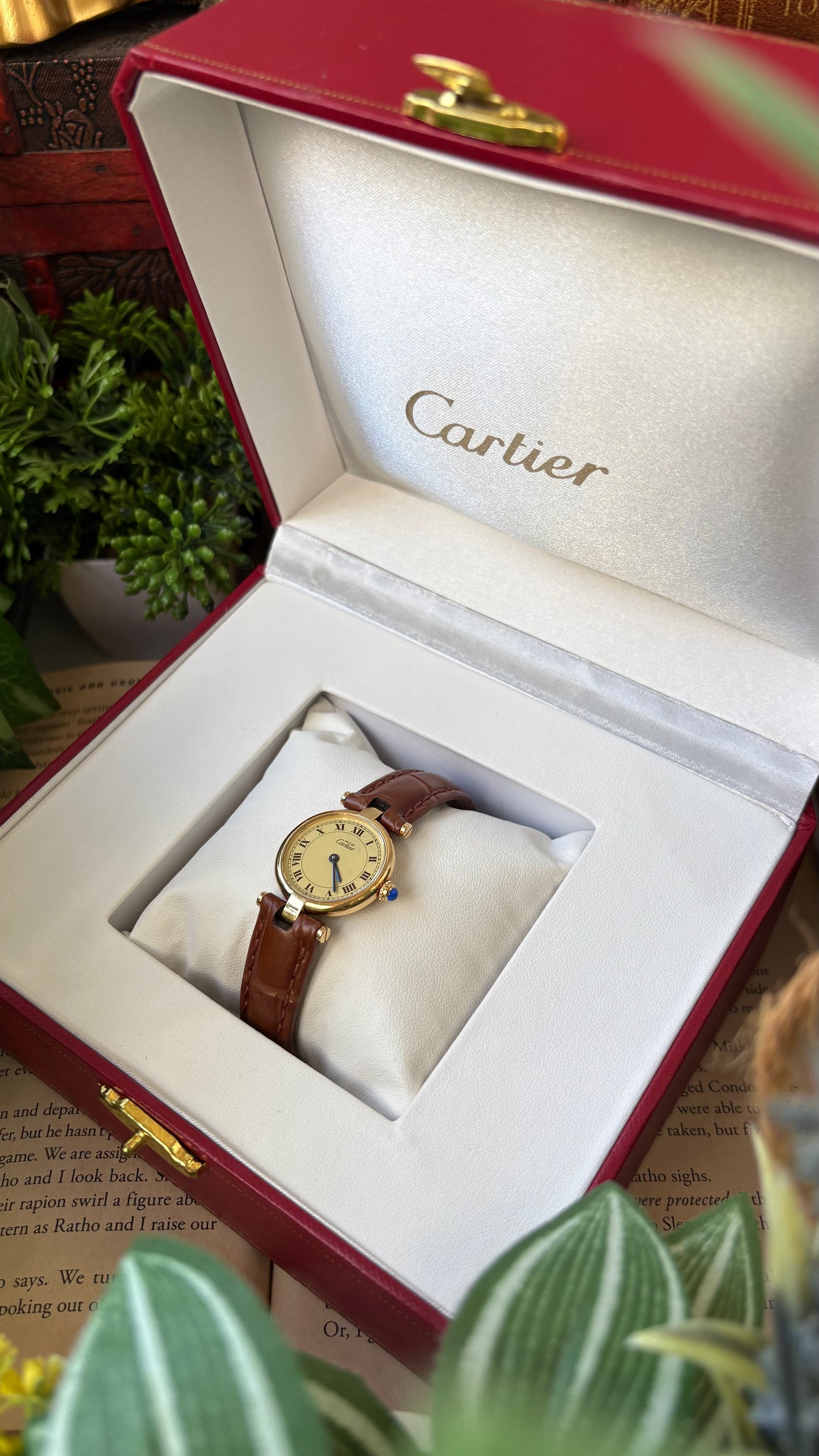 Extremely Rare 1980s Vintage Cartier Must de Vendôme Vermeil in Brown Leather Gold Tone