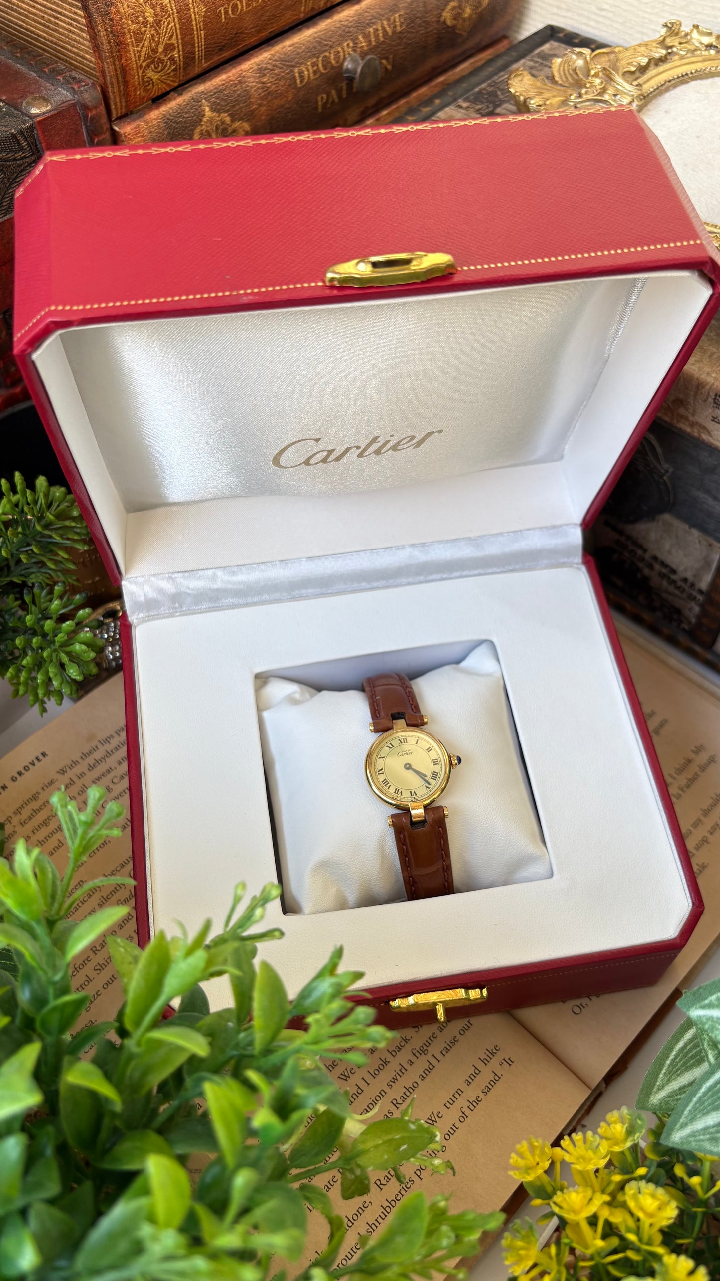 Extremely Rare 1980s Vintage Cartier Must de Vendôme Vermeil in Brown Leather Gold Tone