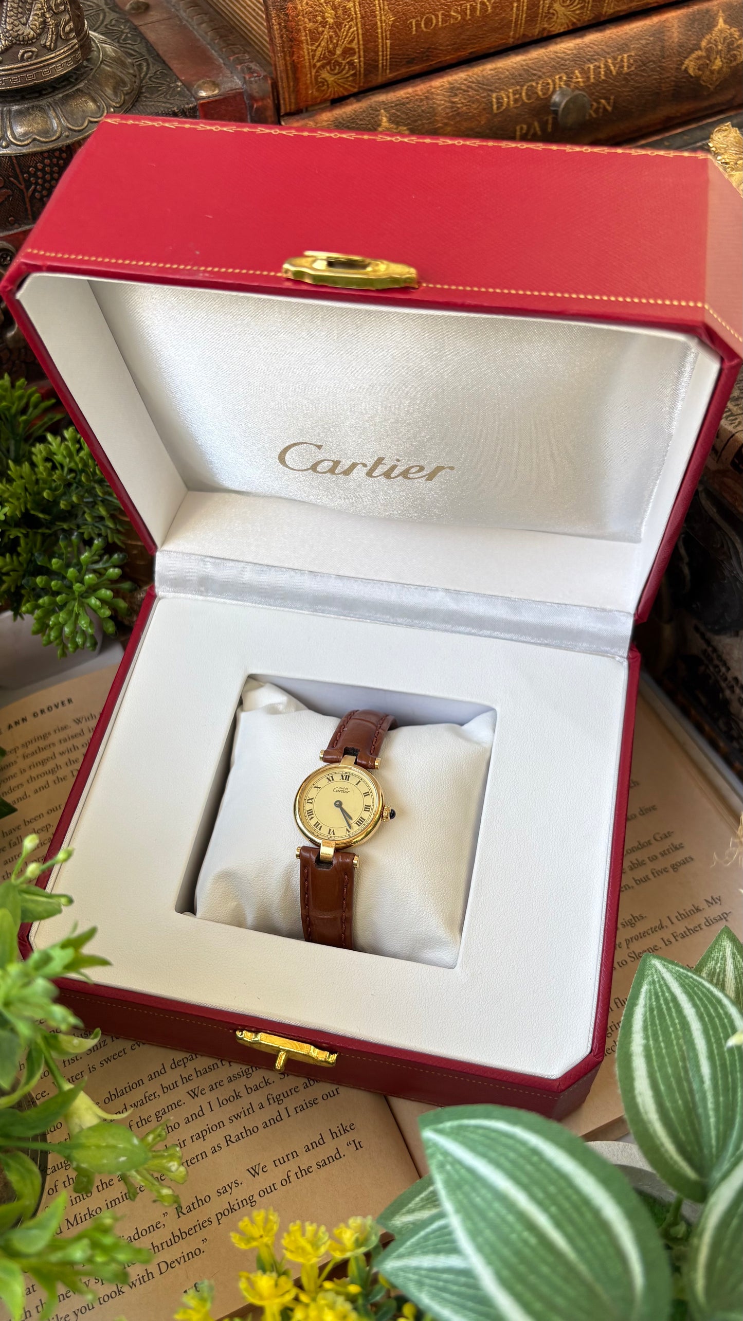 Extremely Rare 1980s Vintage Cartier Must de Vendôme Vermeil in Brown Leather Gold Tone