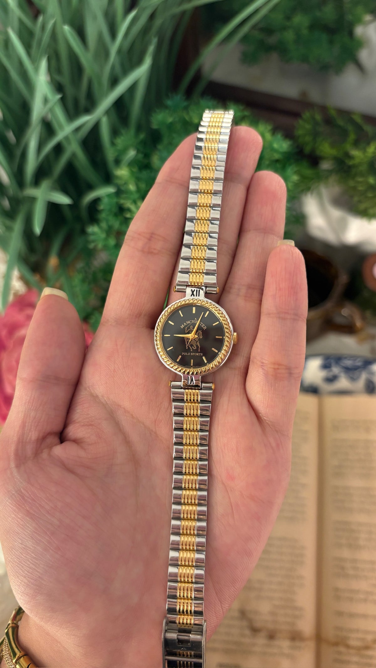 Vintage Manchester Polo Sports Logo Black Dial Watch in Two-Tone Quartz