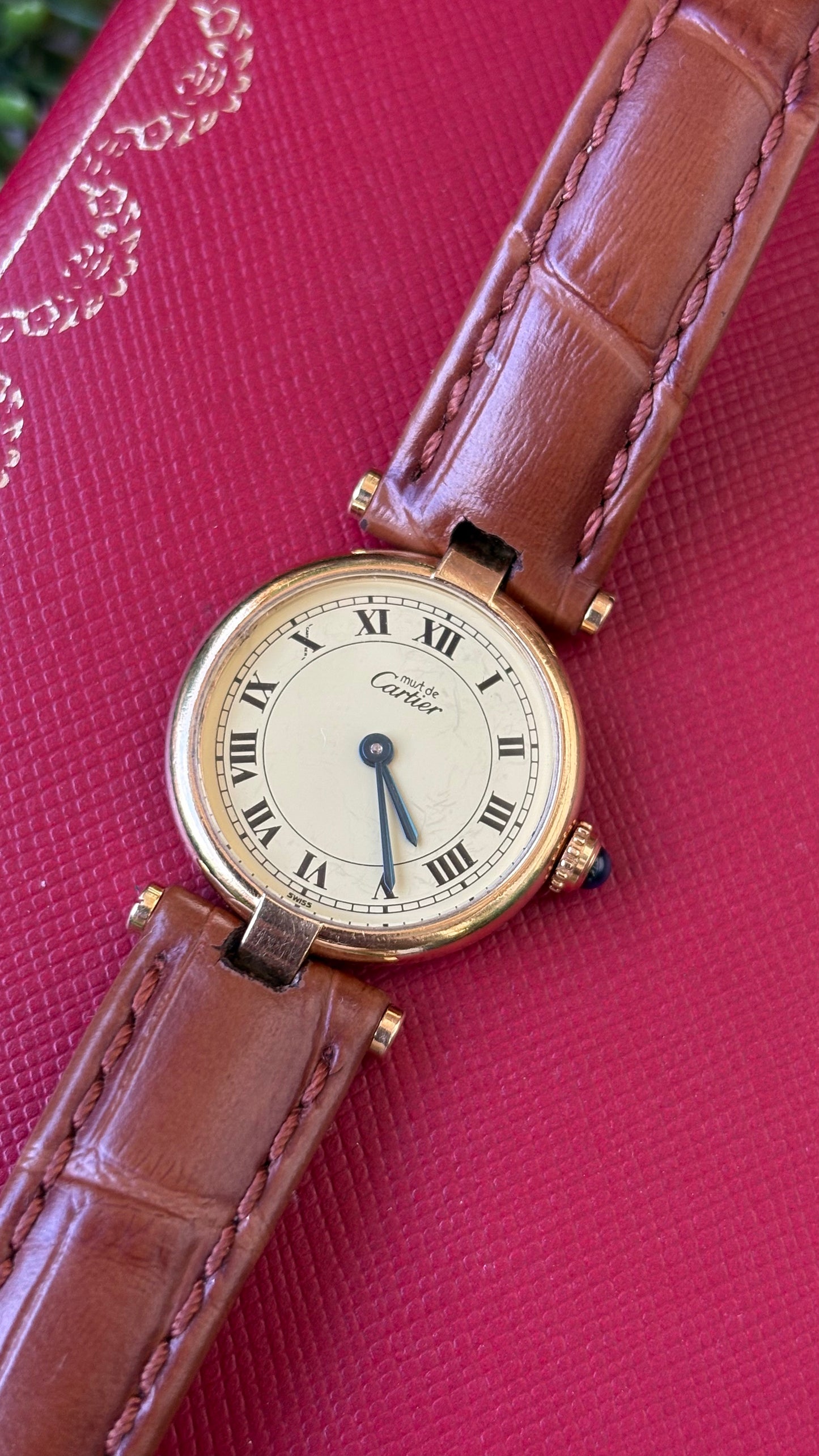 Extremely Rare 1980s Vintage Cartier Must de Vendôme Vermeil in Brown Leather Gold Tone