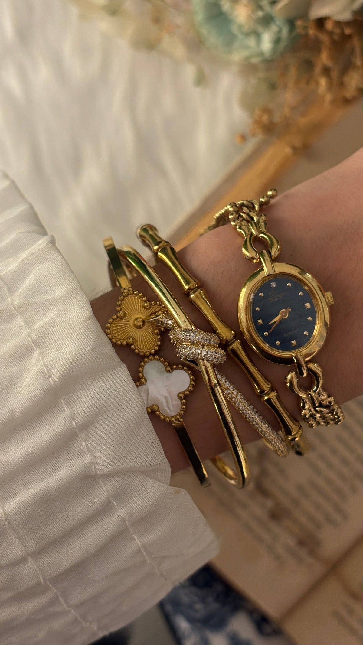 Rare Vintage Diego Milano Black Dial Bead Bracelet Watch in Gold Tone Quartz
