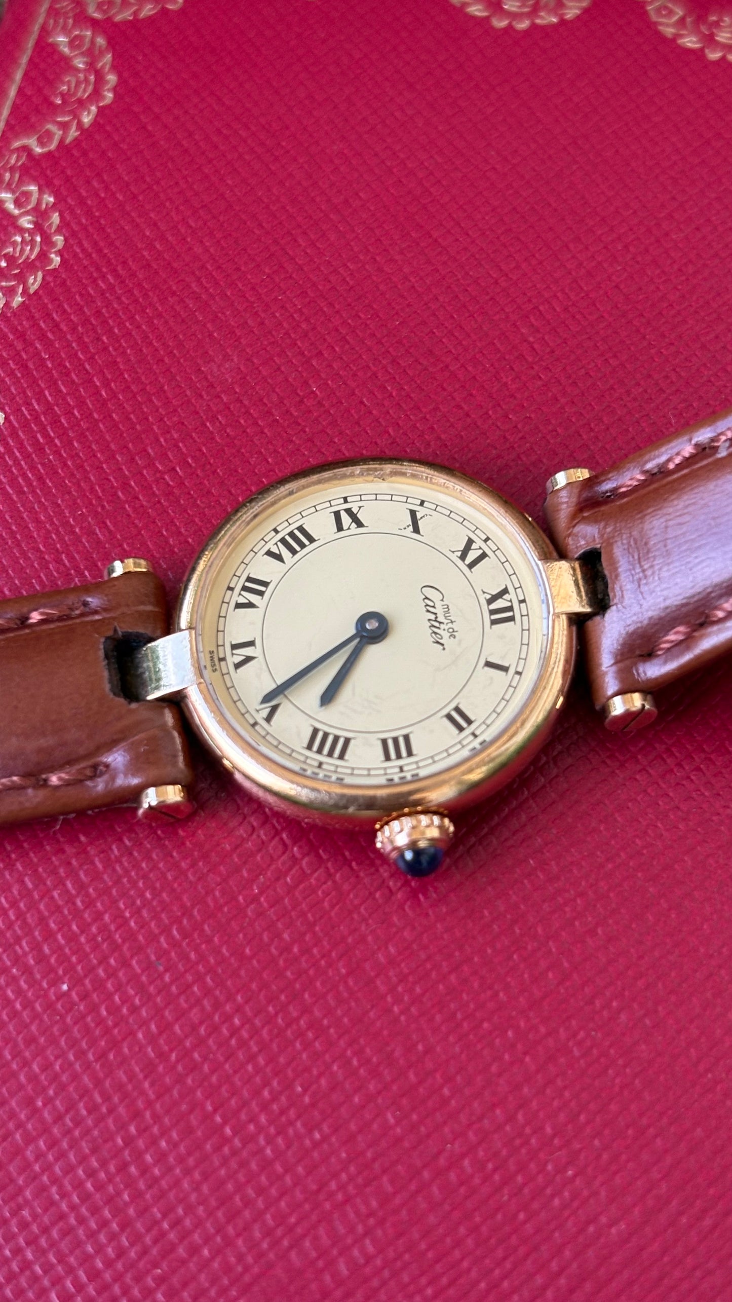Extremely Rare 1980s Vintage Cartier Must de Vendôme Vermeil in Brown Leather Gold Tone