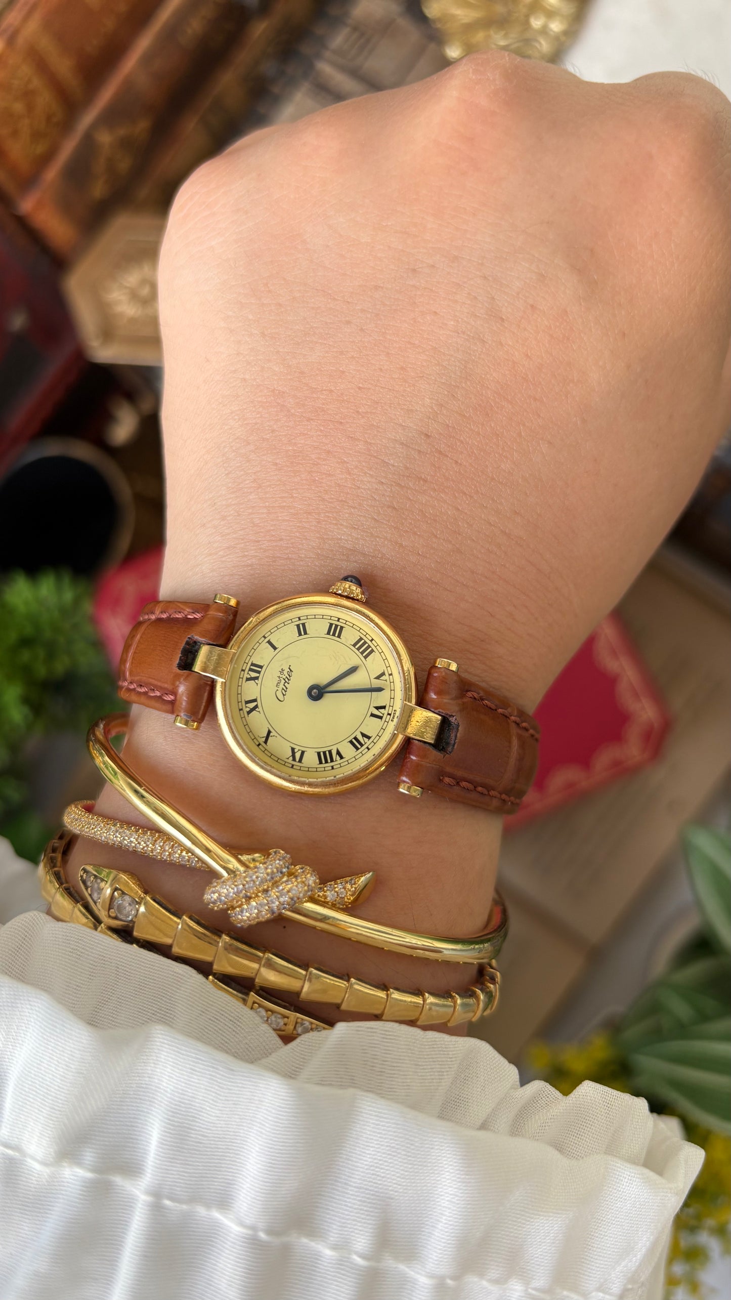 Extremely Rare 1980s Vintage Cartier Must de Vendôme Vermeil in Brown Leather Gold Tone