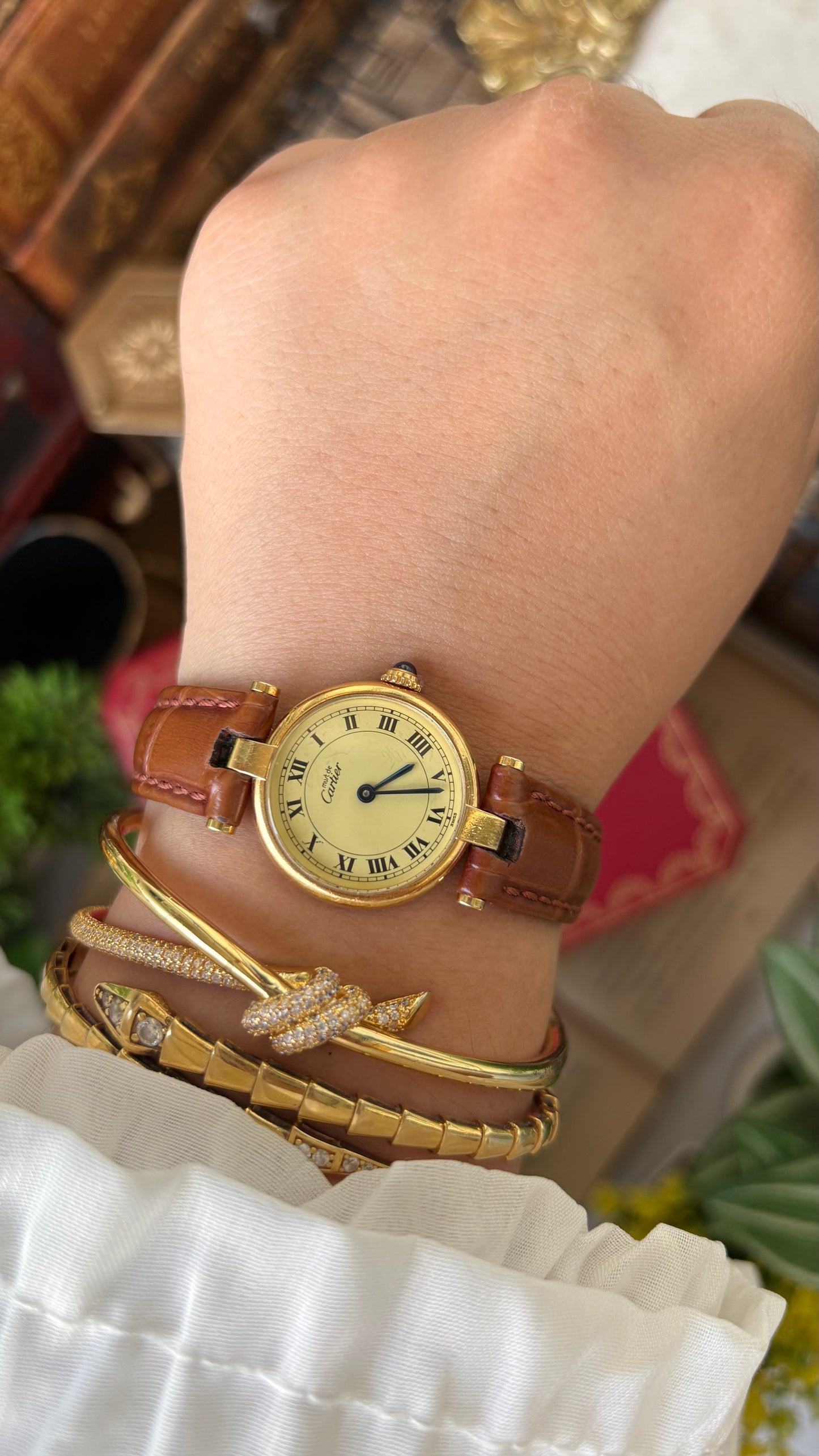 Extremely Rare 1980s Vintage Cartier Must de Vendôme Vermeil in Brown Leather Gold Tone
