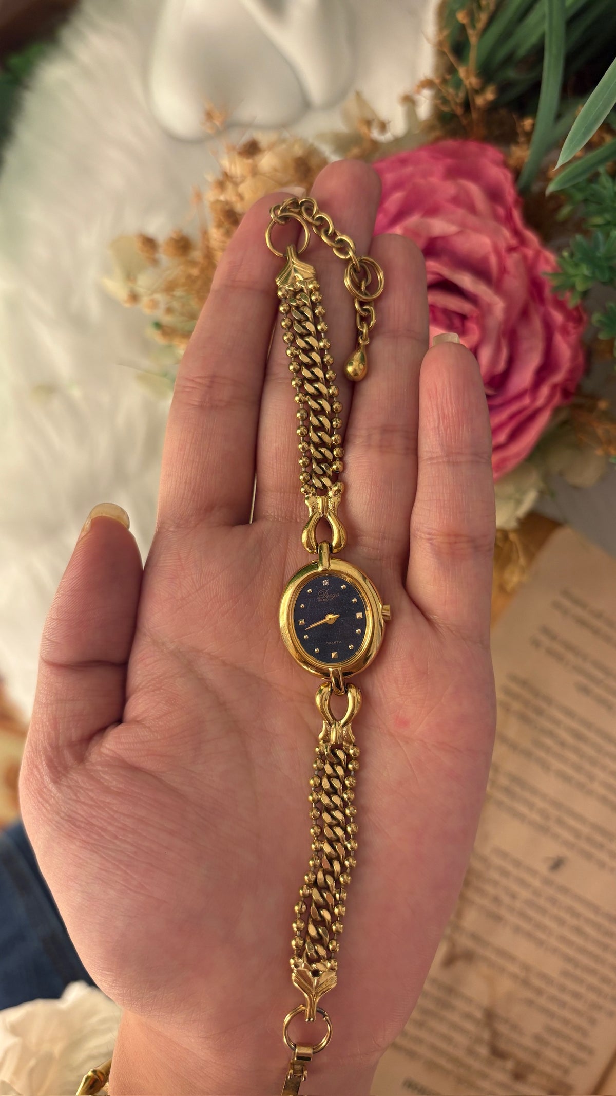 Rare Vintage Diego Milano Black Dial Bead Bracelet Watch in Gold Tone Quartz