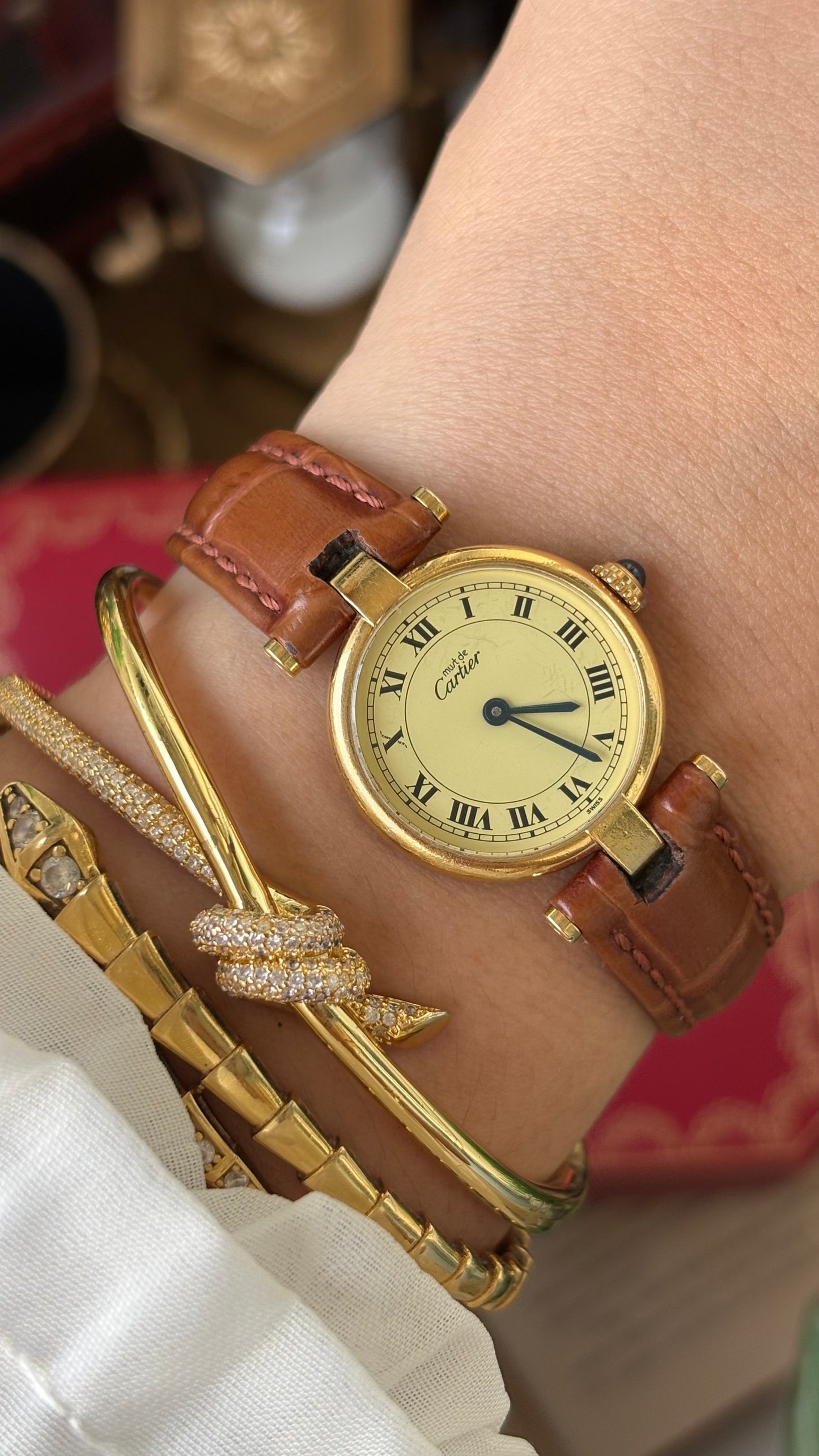 Extremely Rare 1980s Vintage Cartier Must de Vendôme Vermeil in Brown Leather Gold Tone