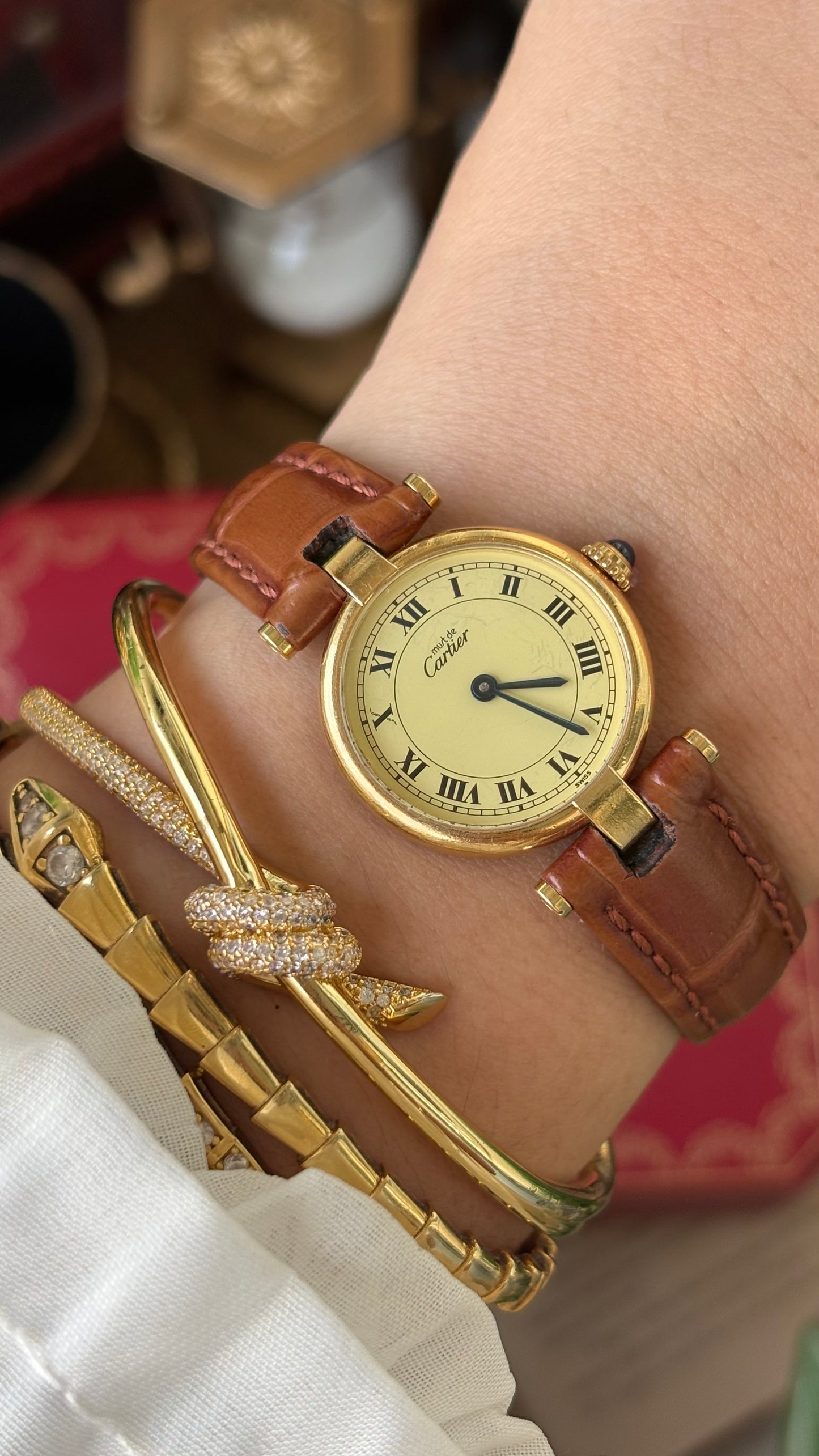 Extremely Rare 1980s Vintage Cartier Must de Vendôme Vermeil in Brown Leather Gold Tone