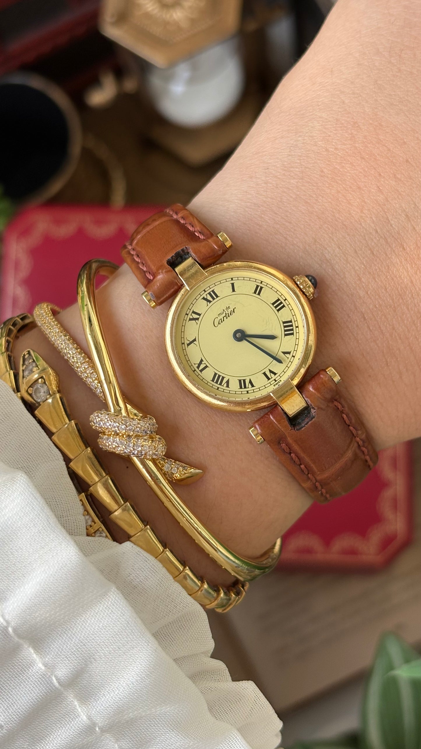 Extremely Rare 1980s Vintage Cartier Must de Vendôme Vermeil in Brown Leather Gold Tone