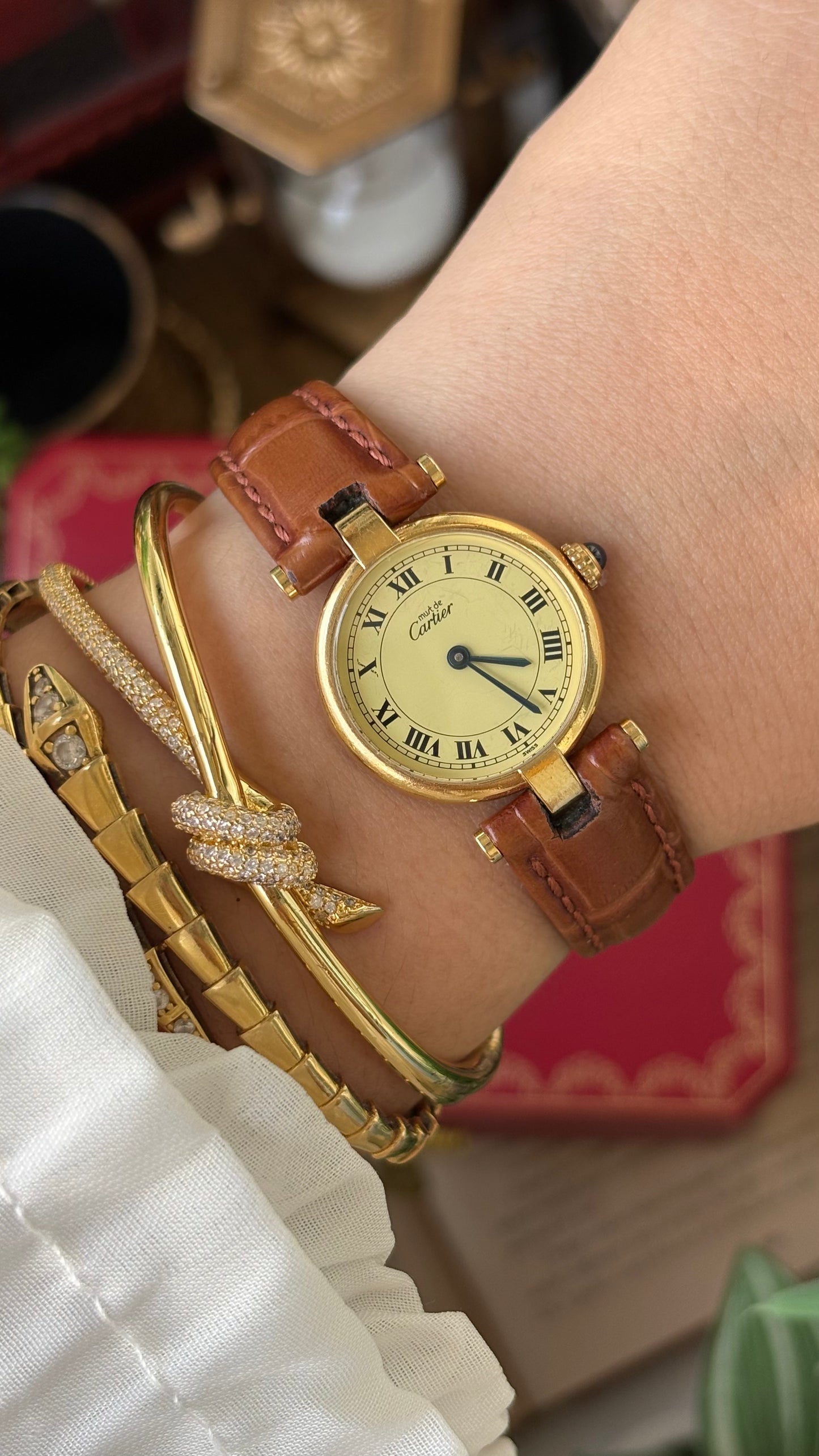 Extremely Rare 1980s Vintage Cartier Must de Vendôme Vermeil in Brown Leather Gold Tone