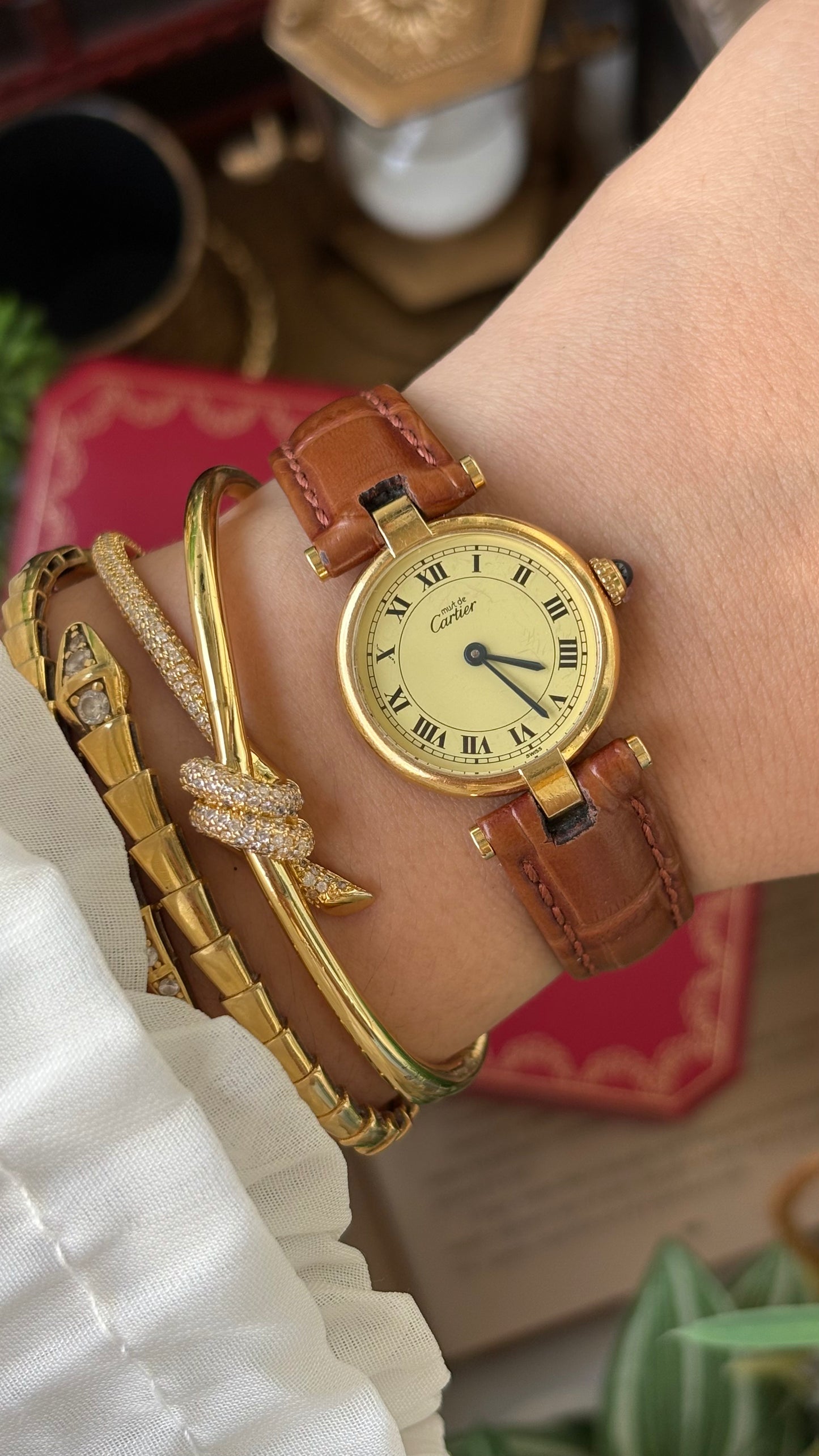 Extremely Rare 1980s Vintage Cartier Must de Vendôme Vermeil in Brown Leather Gold Tone