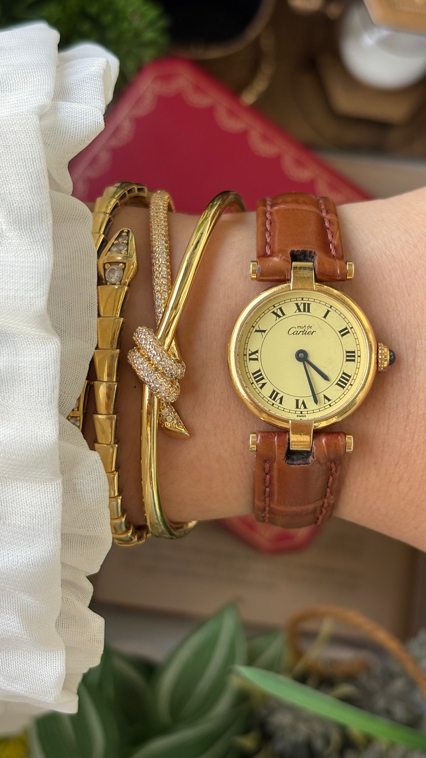 Extremely Rare 1980s Vintage Cartier Must de Vendôme Vermeil in Brown Leather Gold Tone