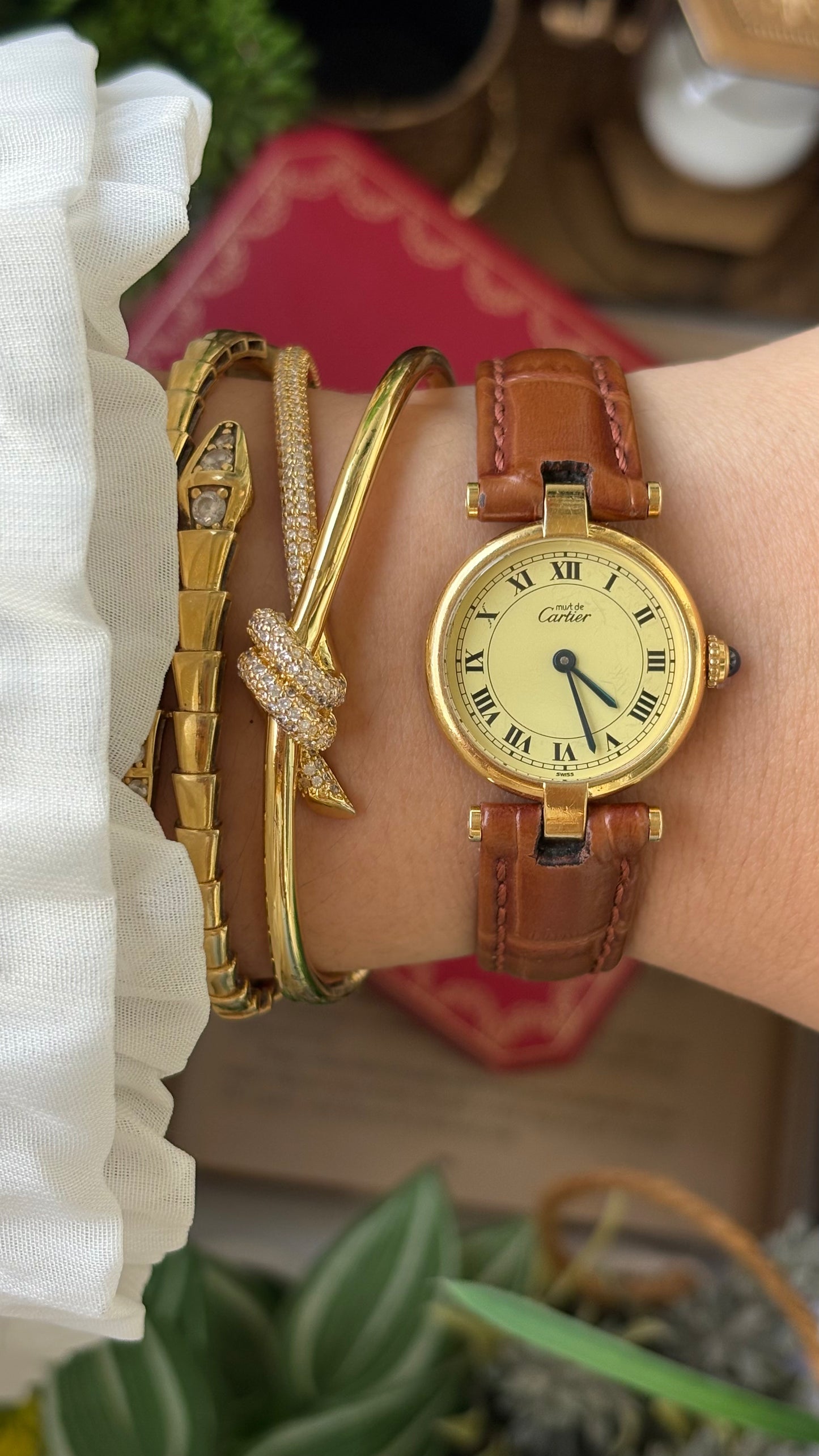 Extremely Rare 1980s Vintage Cartier Must de Vendôme Vermeil in Brown Leather Gold Tone