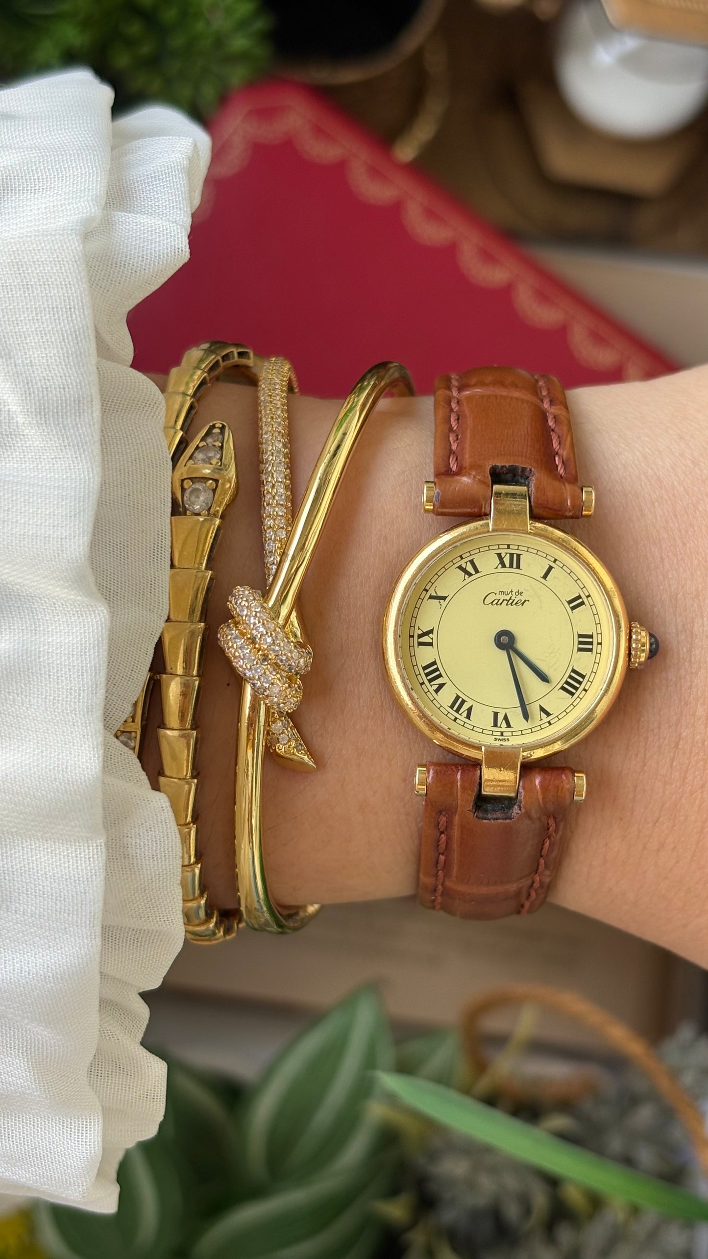 Extremely Rare 1980s Vintage Cartier Must de Vendôme Vermeil in Brown Leather Gold Tone