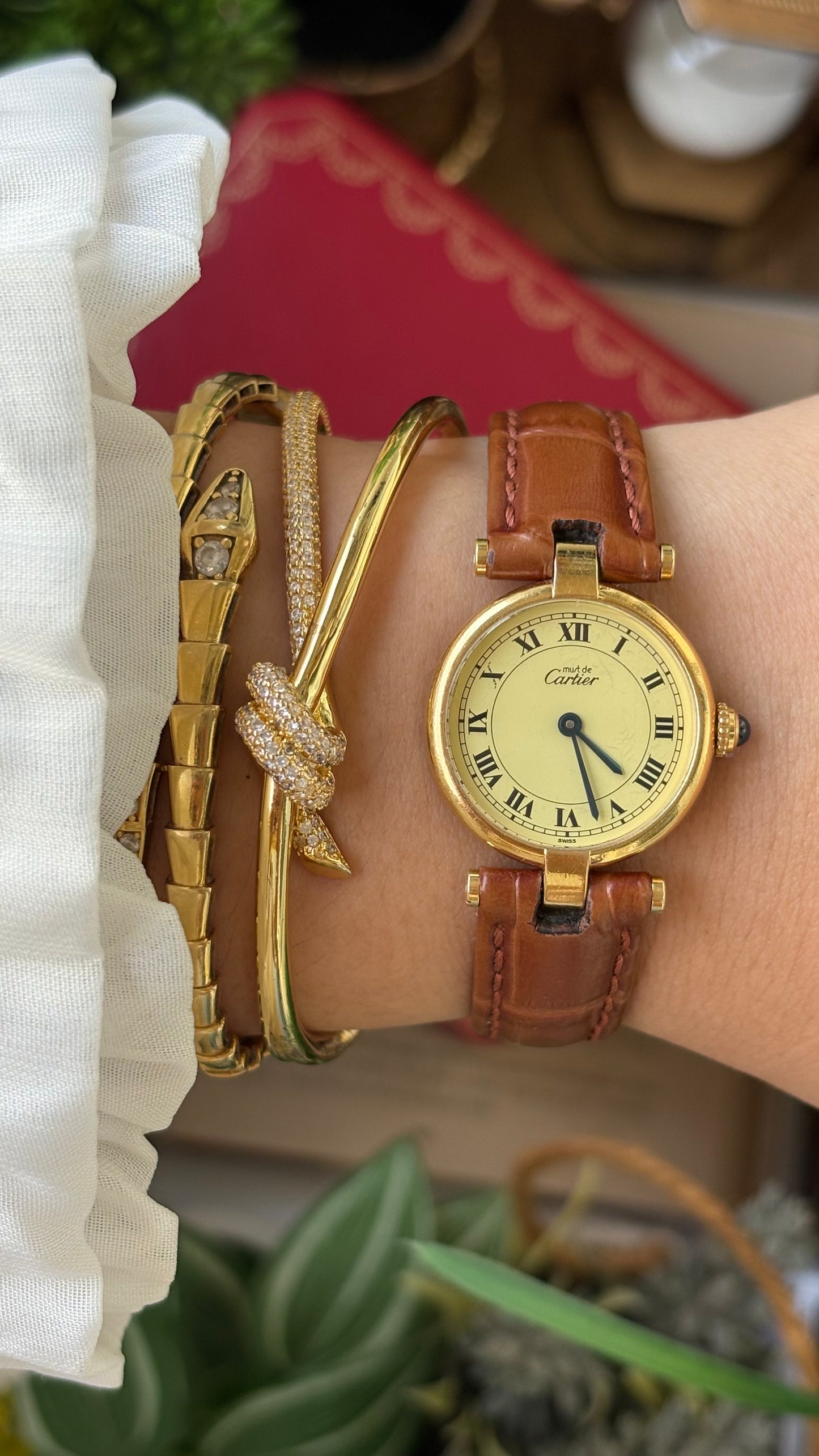 Extremely Rare 1980s Vintage Cartier Must de Vendôme Vermeil in Brown Leather Gold Tone