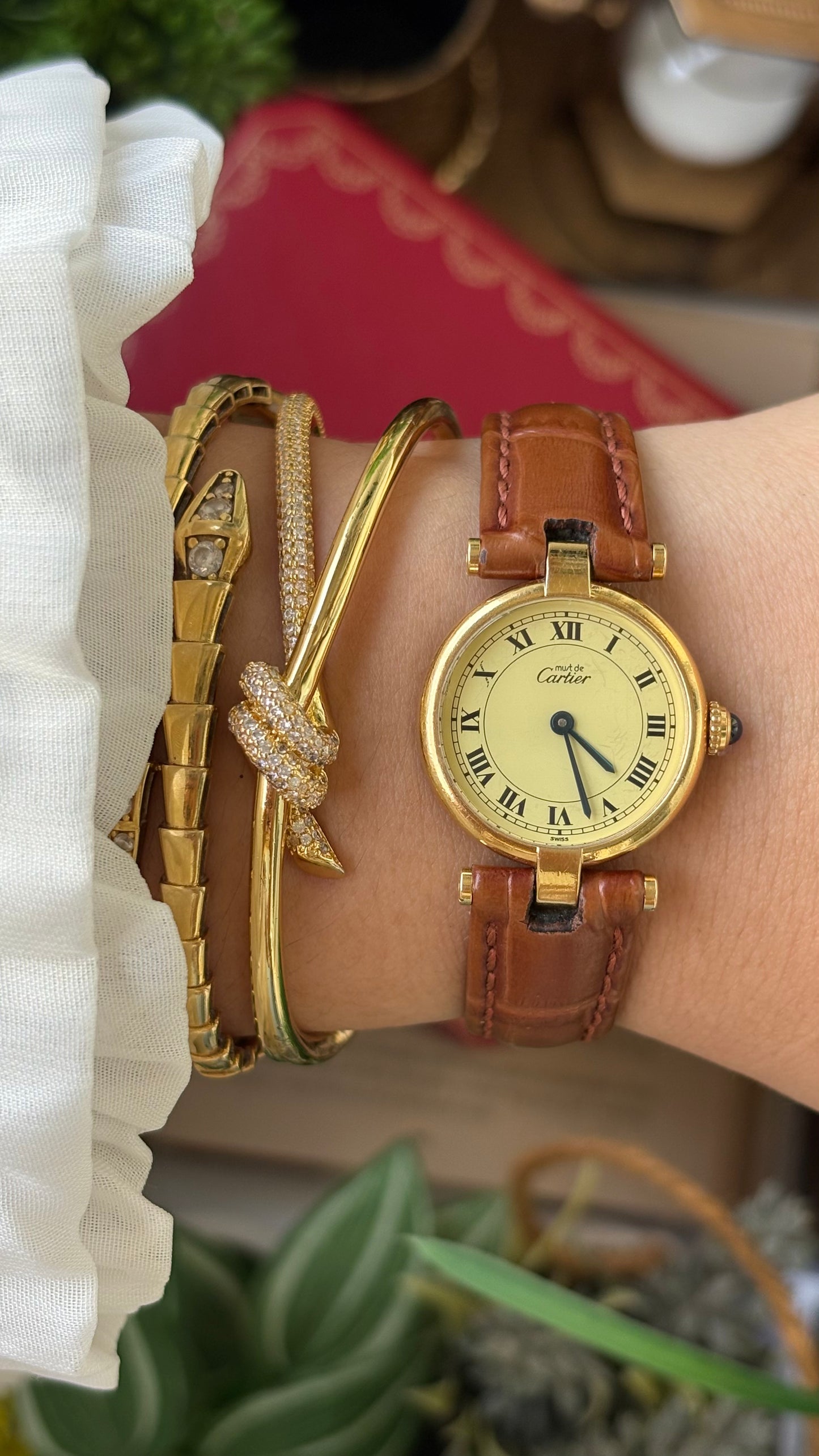 Extremely Rare 1980s Vintage Cartier Must de Vendôme Vermeil in Brown Leather Gold Tone