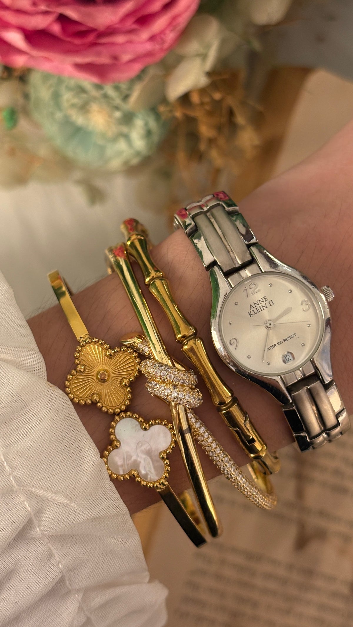 Vintage Anne Klein Date Window Line Accent Watch in Silver Tone Quartz