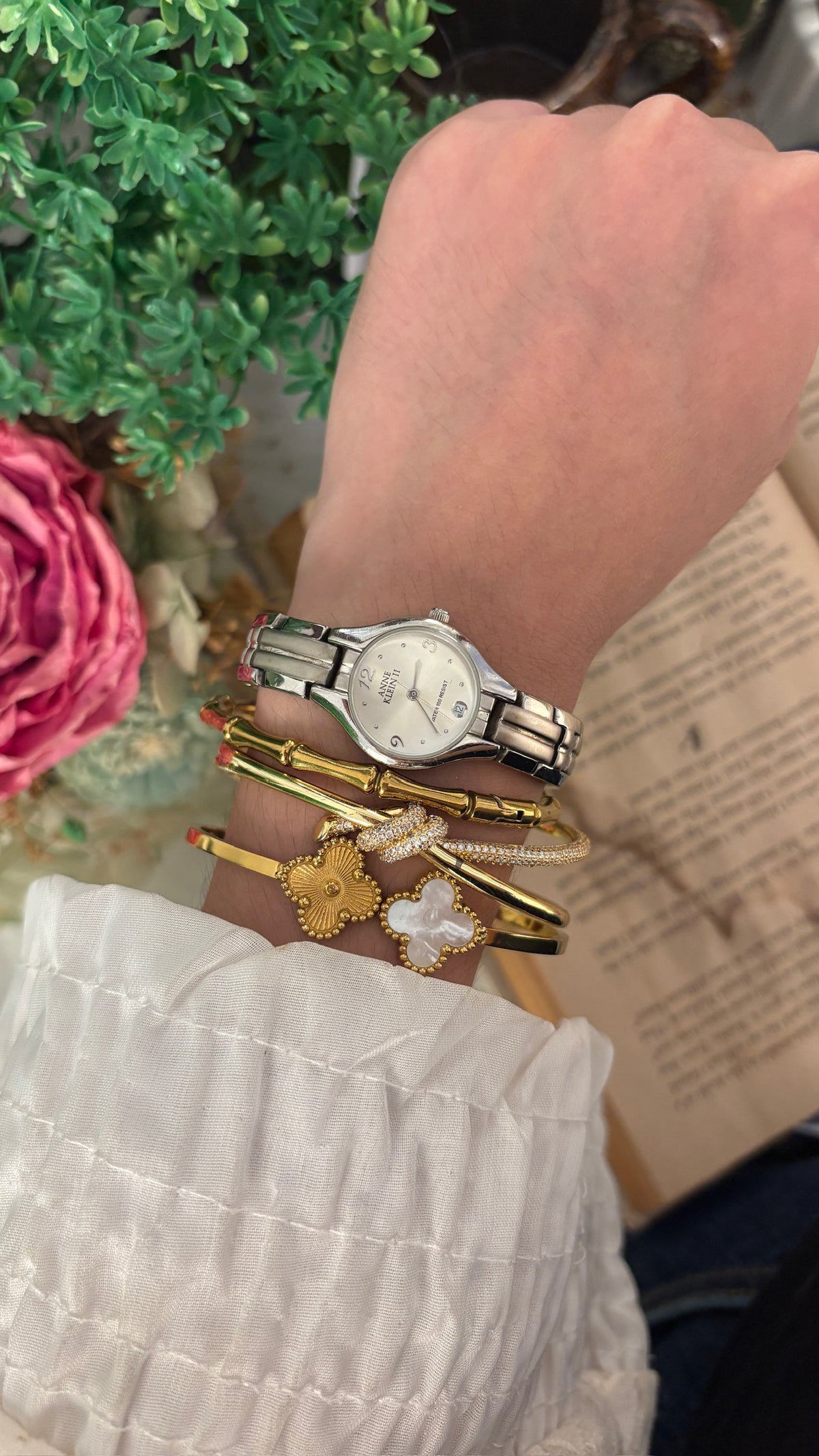 Vintage Anne Klein Date Window Line Accent Watch in Silver Tone Quartz