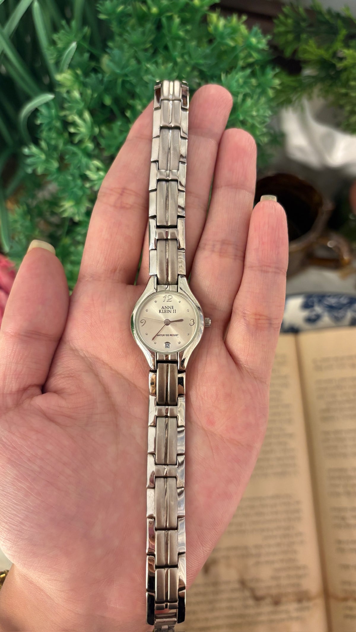 Vintage Anne Klein Date Window Line Accent Watch in Silver Tone Quartz