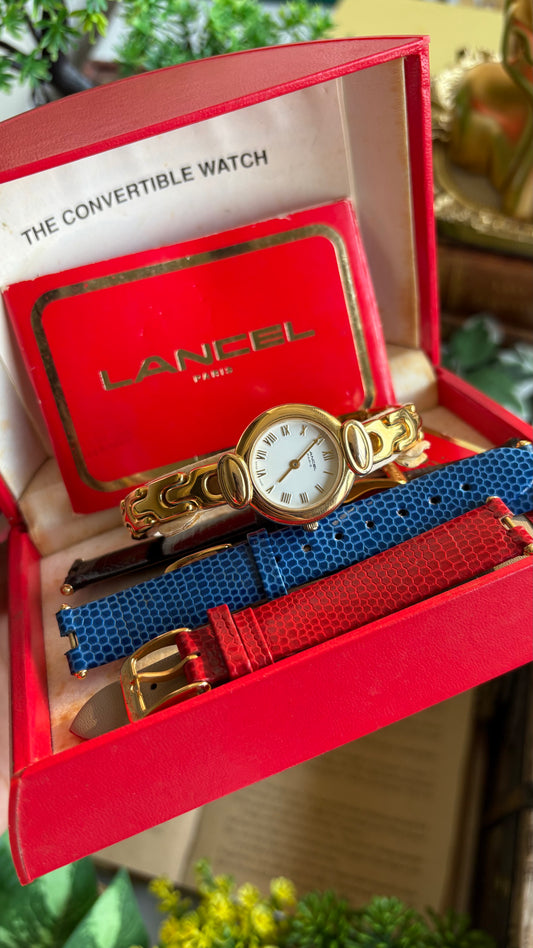 Vintage Lancel Convertible Watch in Gold Tone with Blue, Black and Red Leather Straps