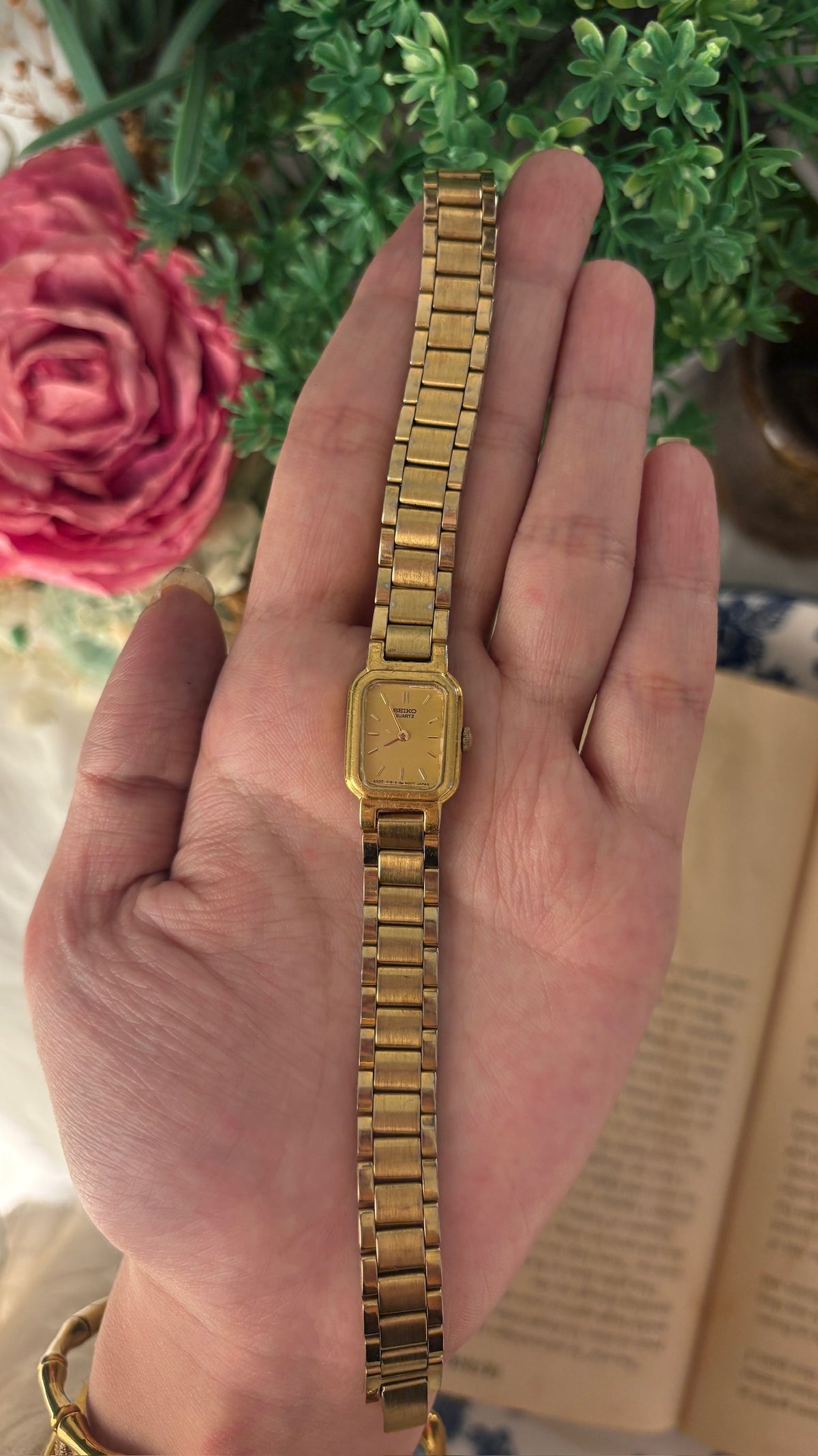 Rare Dainty Vintage Seiko Mini Tank Yellow Gold Dial Watch in Gold Tone Quartz