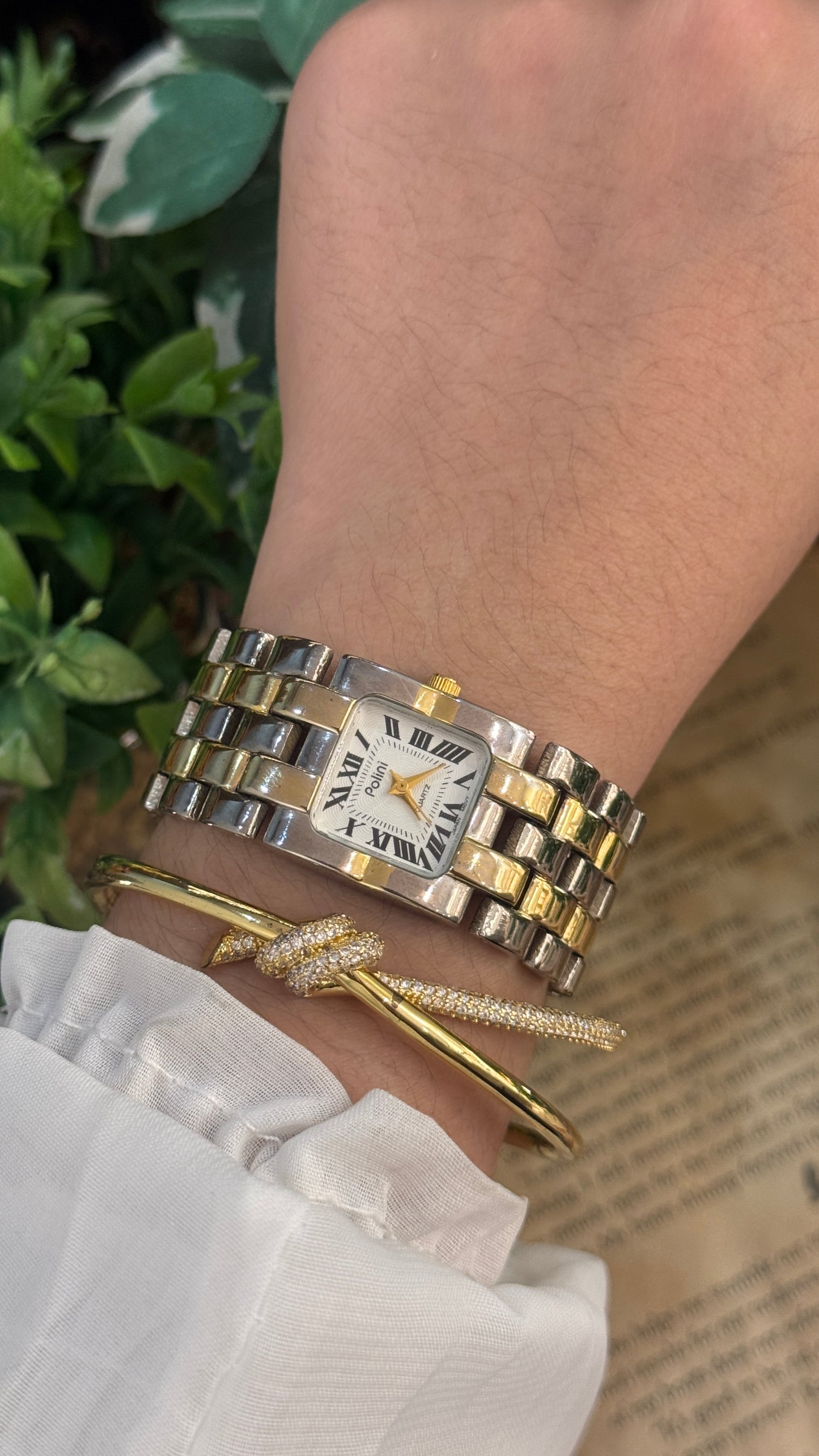 Rare Vintage Polini Roman Dial Bracelet Tank Watch in Two-Tone Quartz