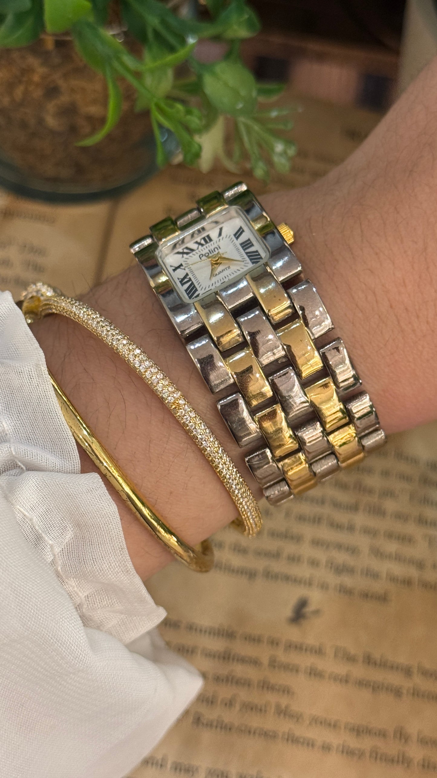 Rare Vintage Polini Roman Dial Bracelet Tank Watch in Two-Tone Quartz