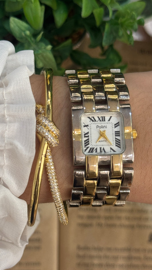 Rare Vintage Polini Roman Dial Bracelet Tank Watch in Two-Tone Quartz