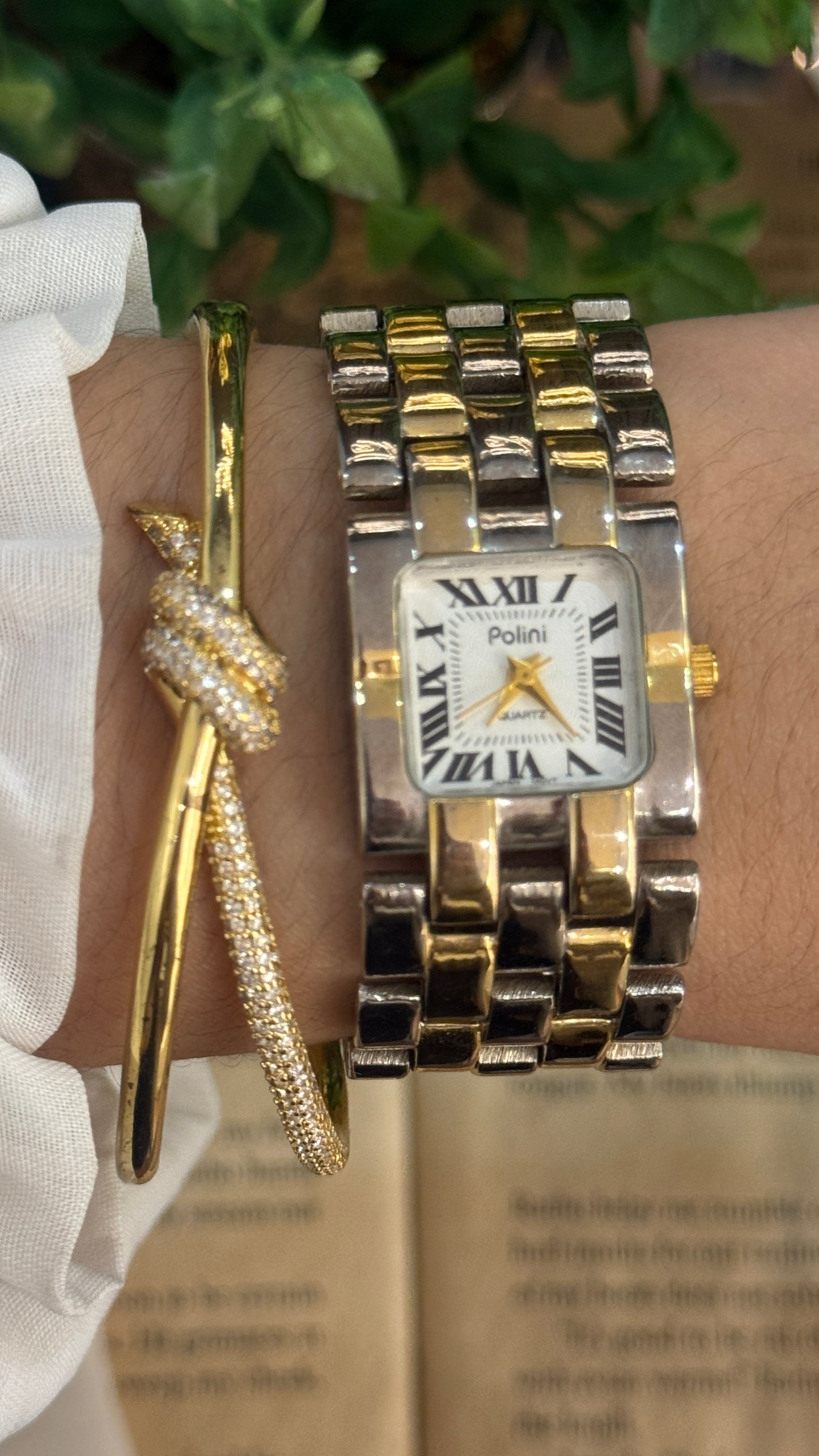 Rare Vintage Polini Roman Dial Bracelet Tank Watch in Two-Tone Quartz