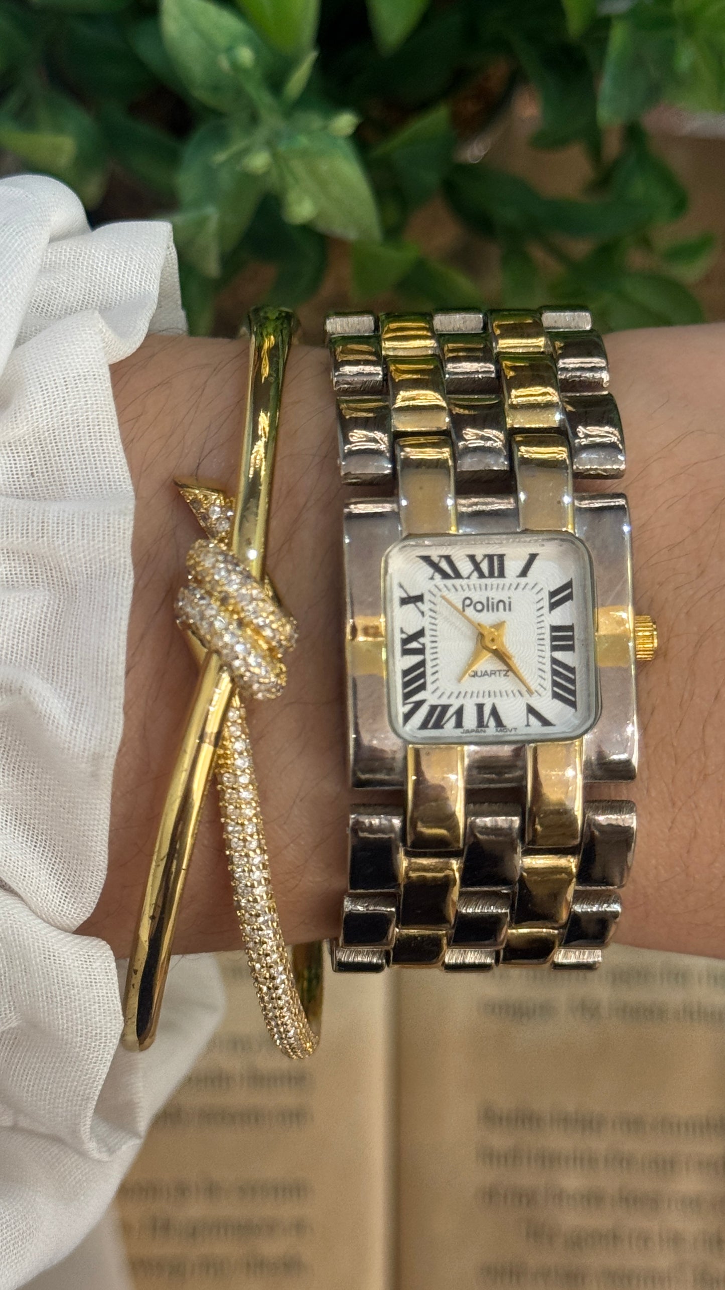 Rare Vintage Polini Roman Dial Bracelet Tank Watch in Two-Tone Quartz