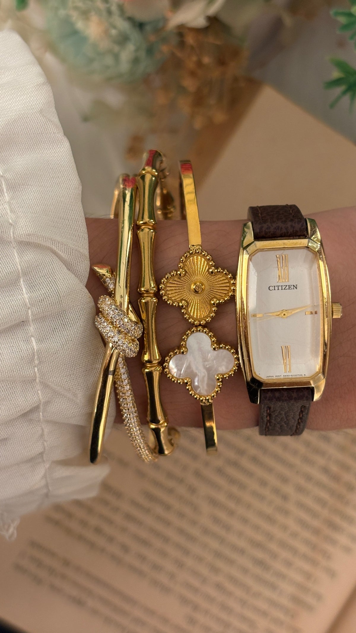 Rare Dainty Vintage Citizen Special Cut Glass Tank Watch in Gold Tone Black Leather Quartz
